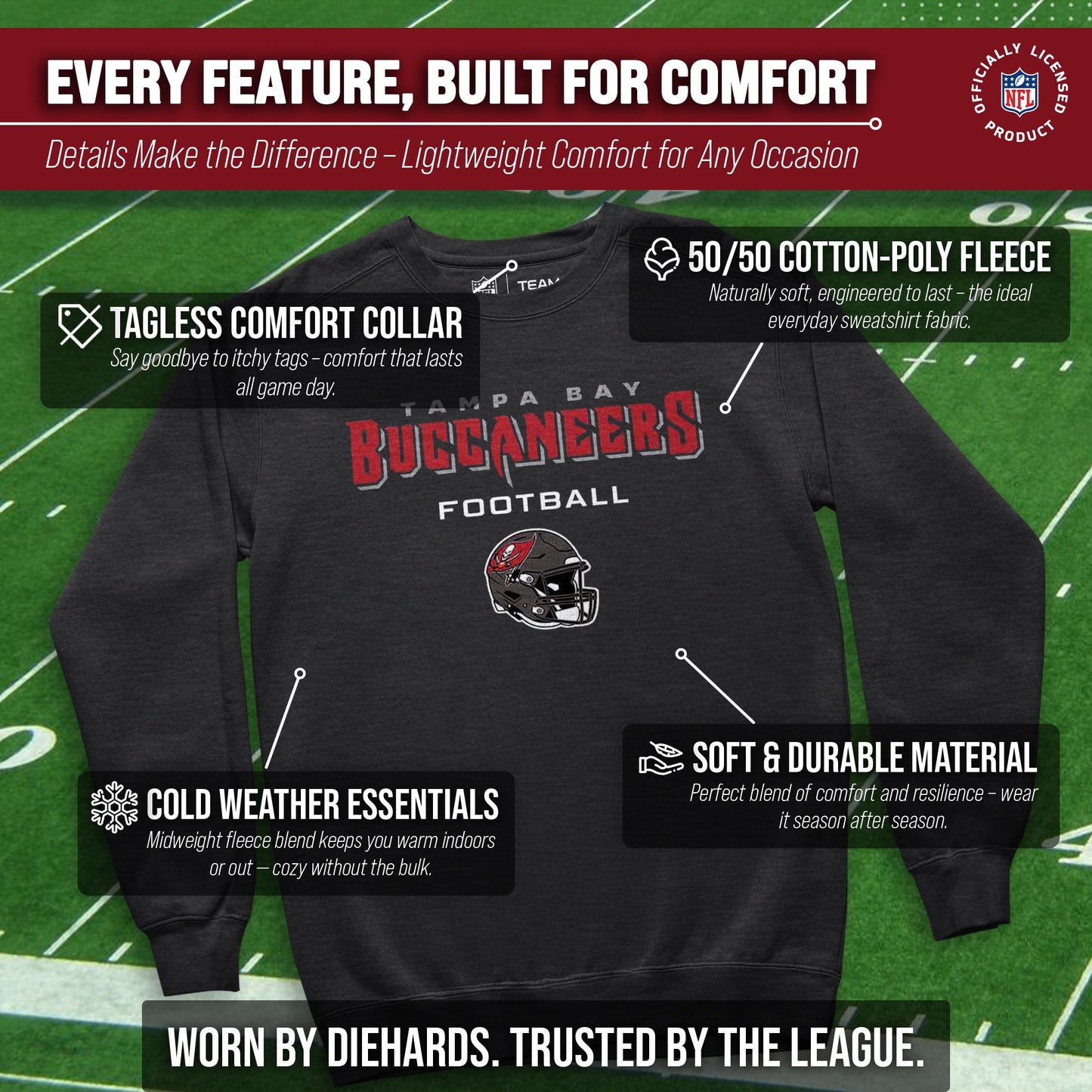 Tampa Bay Buccaneers Adult NFL Football Helmet Heather Crewneck Sweatshirt - Charcoal