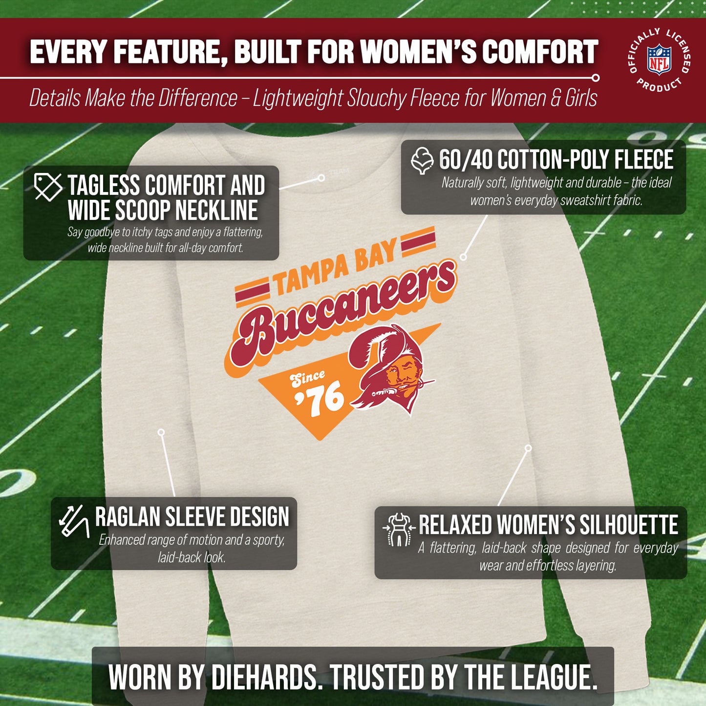Tampa Bay Buccaneers NFL Womens Vintage Charm French Terry Slouchy Top - Birch