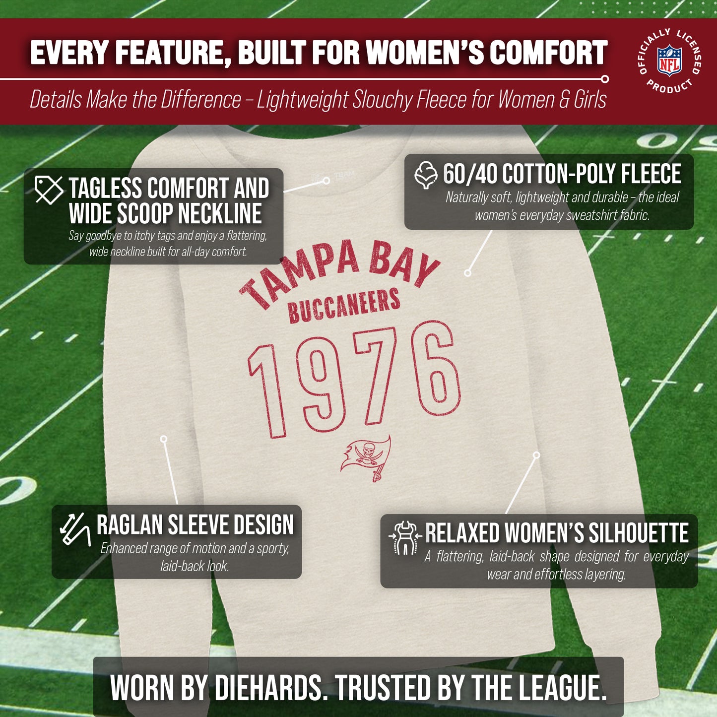 Tampa Bay Buccaneers NFL Womens Big Date French Terry Slouchy Top - Natural