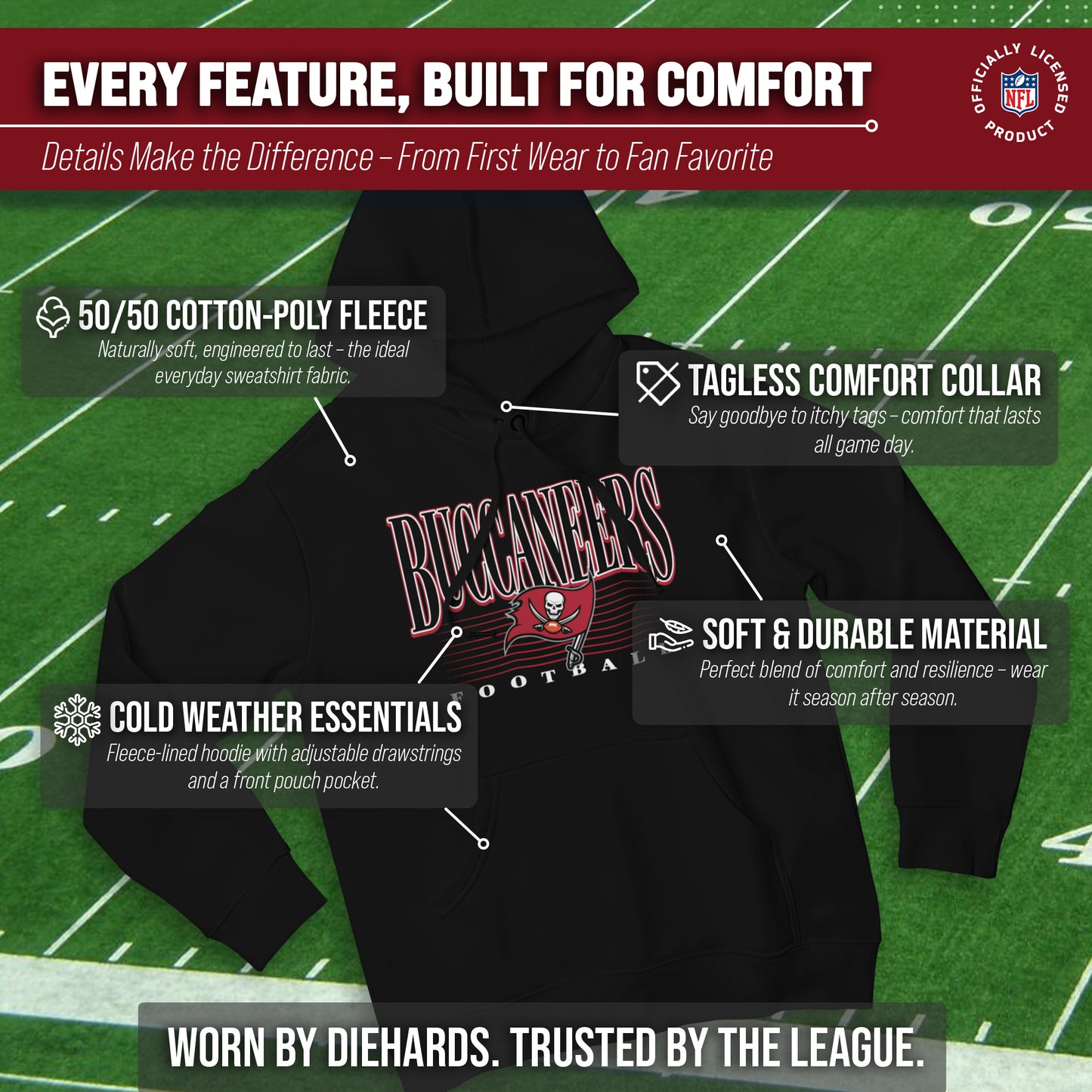 Tampa Bay Buccaneers NFL Adult Unisex Overtime Blueprint Soft Fleece Hooded Sweatshirt - Black