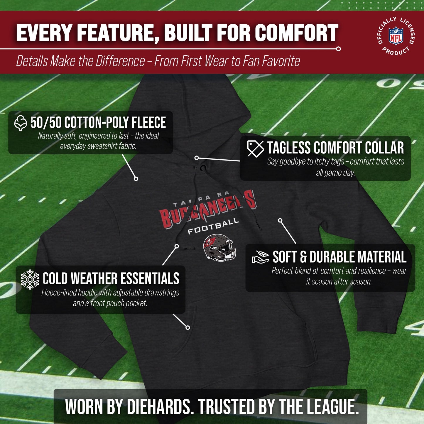 Tampa Bay Buccaneers Adult NFL Football Helmet Heather Hooded Sweatshirt  - Charcoal