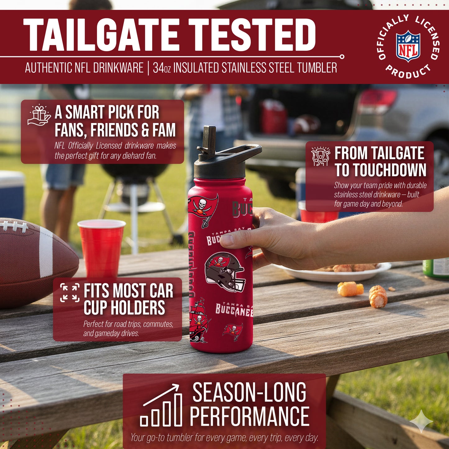 Tampa Bay Buccaneers NFL 34oz Quencher Stainless Steel Insulated Water Bottle - Red