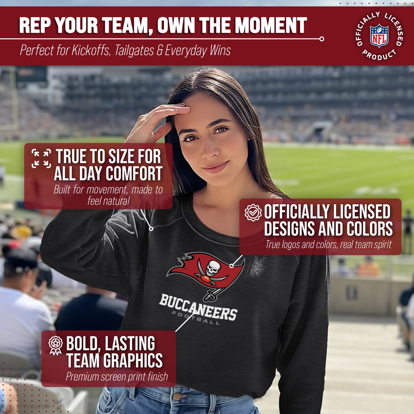 Tampa Bay Buccaneers NFL Womens Ultimate Fan French Terry Slouchy Top- Raglan Sleeves - Charcoal