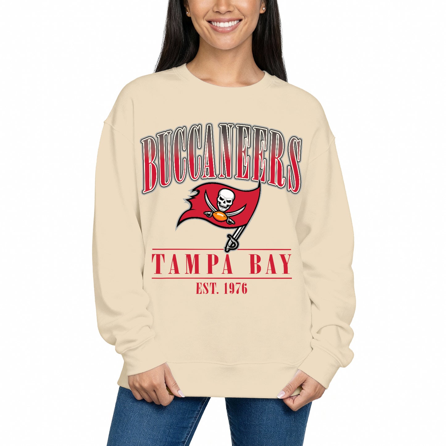 Tampa Bay Buccaneers Womens NFL Starstruck Crewneck Pullover - Cream
