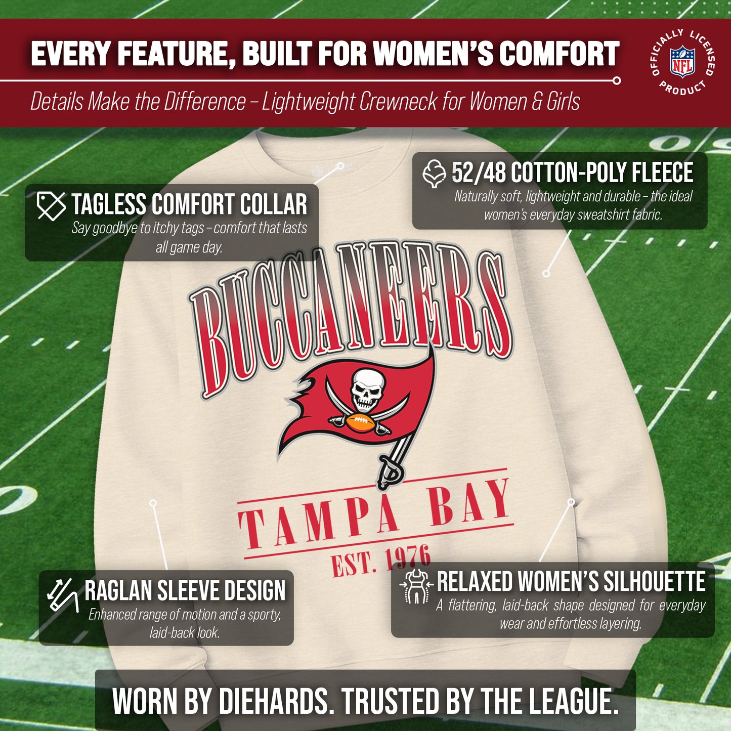 Tampa Bay Buccaneers Womens NFL Starstruck Crewneck Pullover - Cream