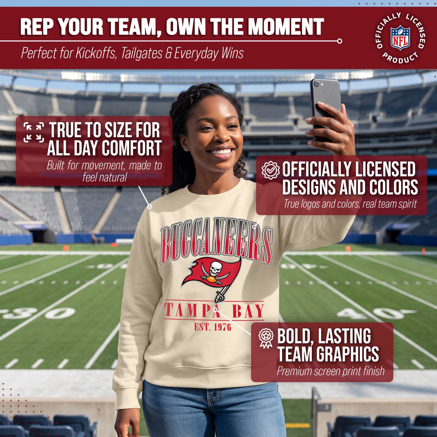 Tampa Bay Buccaneers Womens NFL Starstruck Crewneck Pullover - Cream