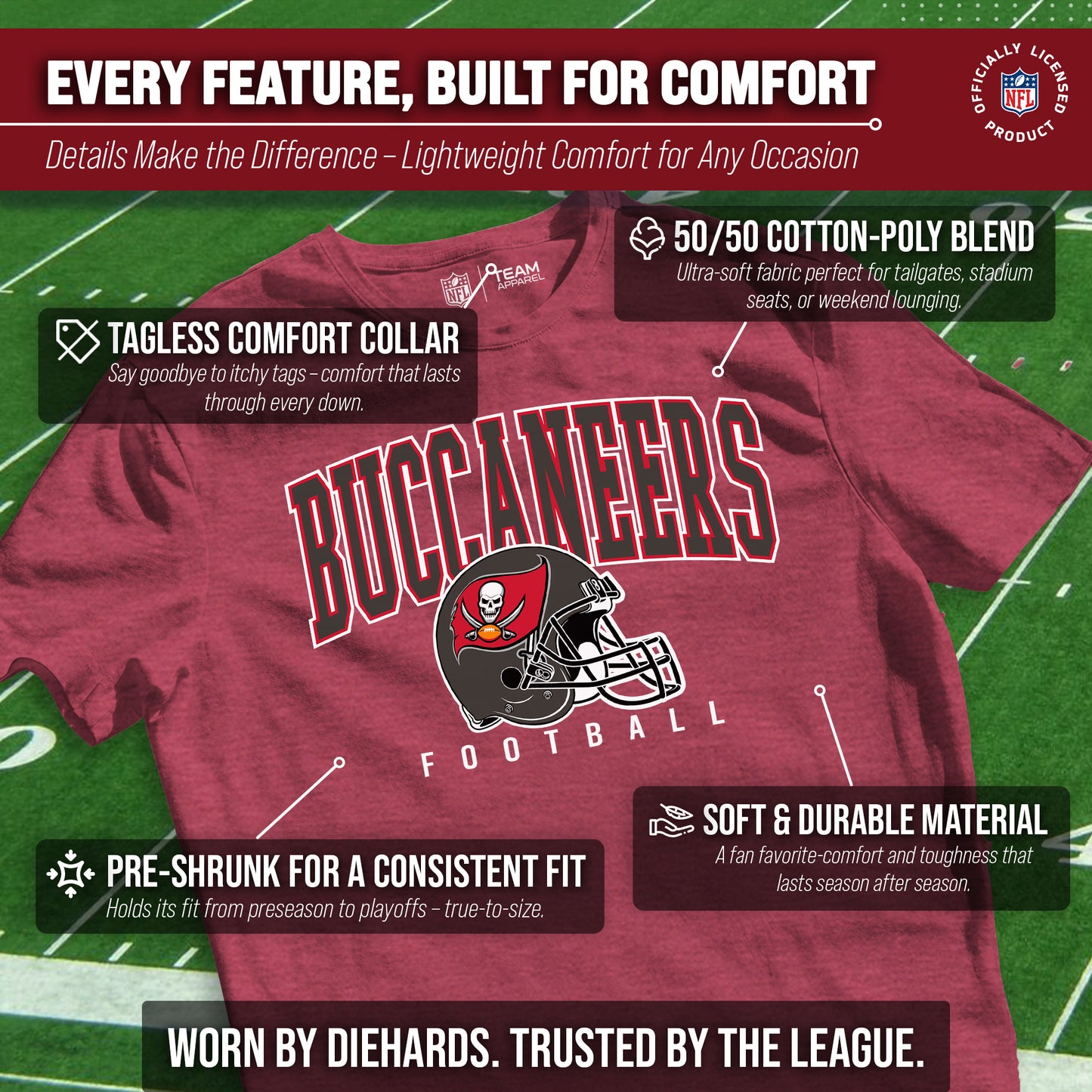 Tampa Bay Buccaneers NFL Adult All Star Heather Tag-Less T-Shirt - Red Heather