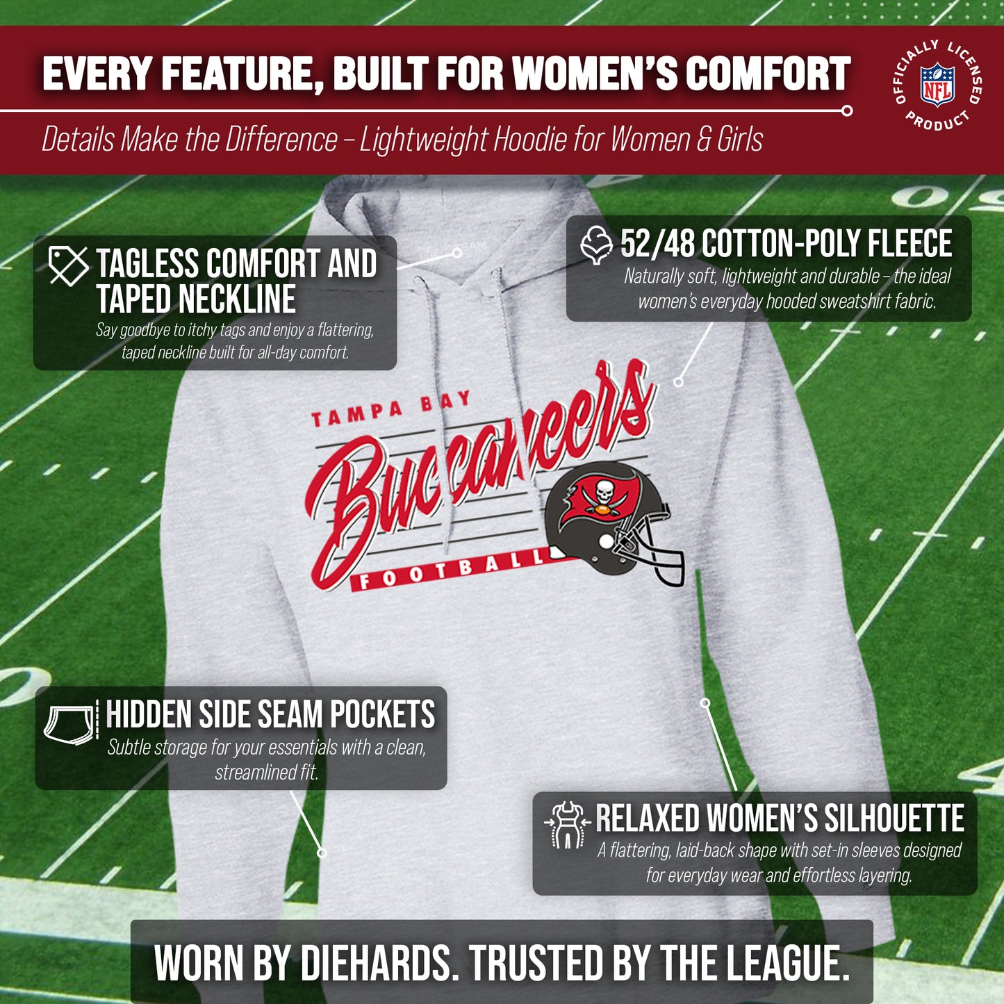 Tampa Bay Buccaneers Ladies NFL Scrimmage Line Fleece Pullover Hooded Sweatshirt - Gray Heather
