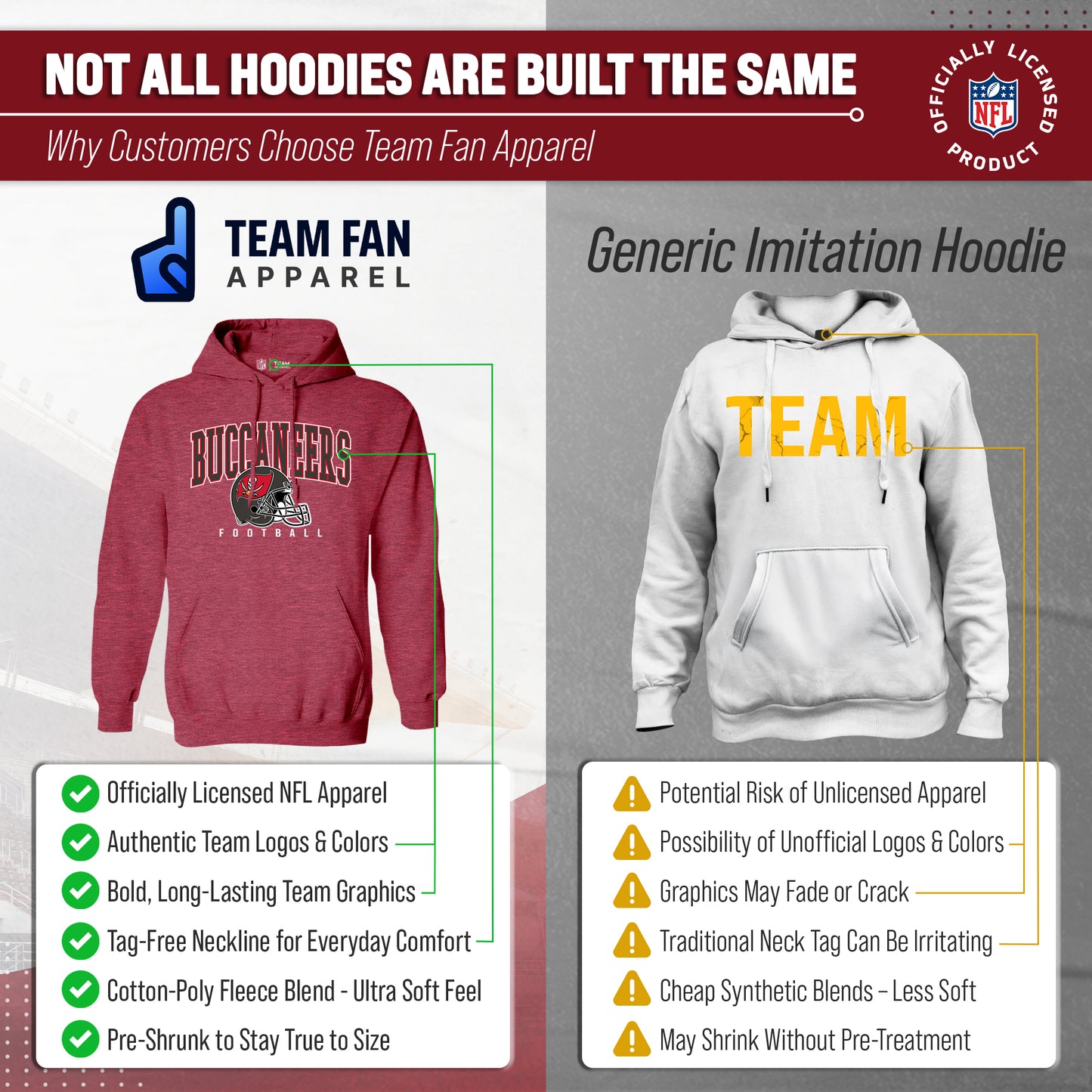 Tampa Bay Buccaneers NFL Adult Unisex All Star Soft Fleece Hooded Sweatshirt - Red Heather