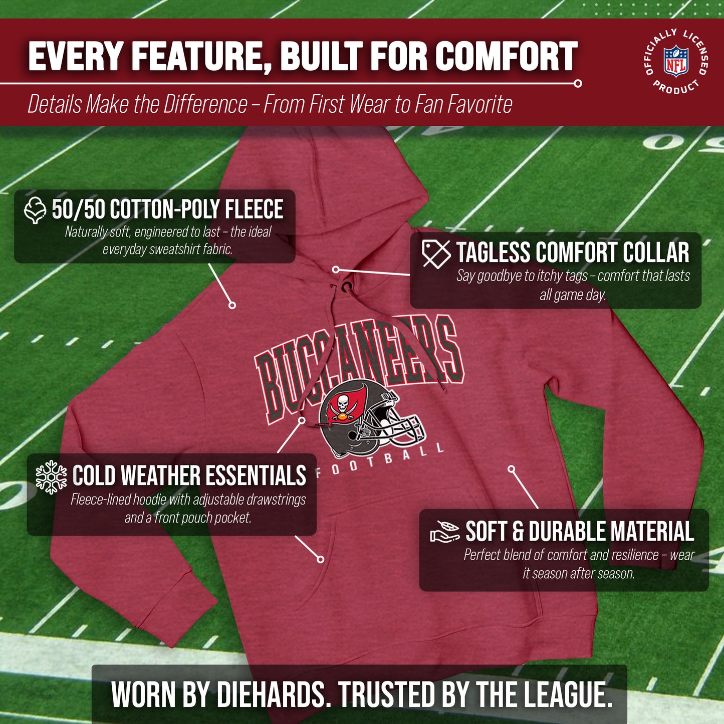 Tampa Bay Buccaneers NFL Adult Unisex All Star Soft Fleece Hooded Sweatshirt - Red Heather
