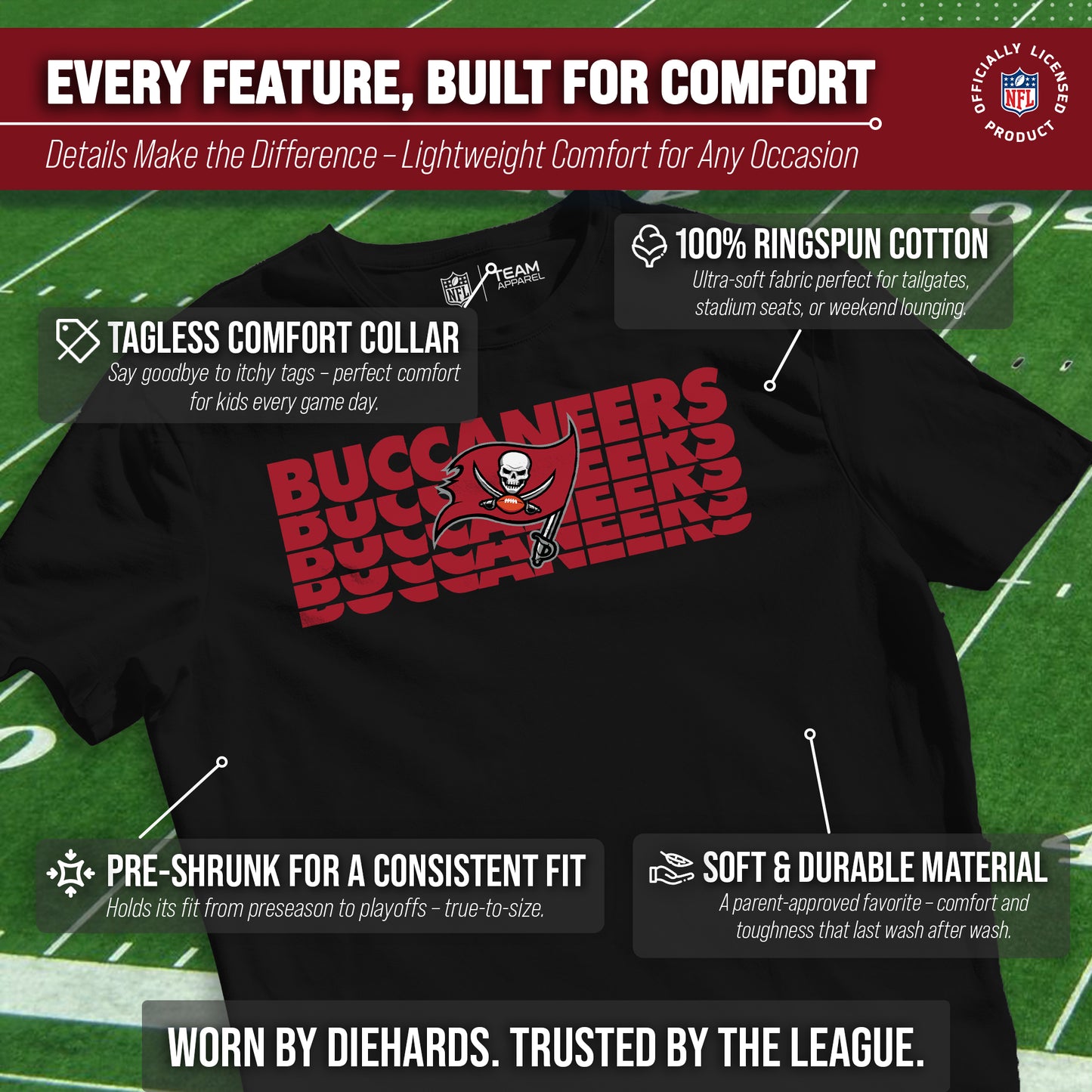 Tampa Bay Buccaneers NFL Youth Repeating Logo Football T-Shirt Unisex Tag Free Comfortable - Black