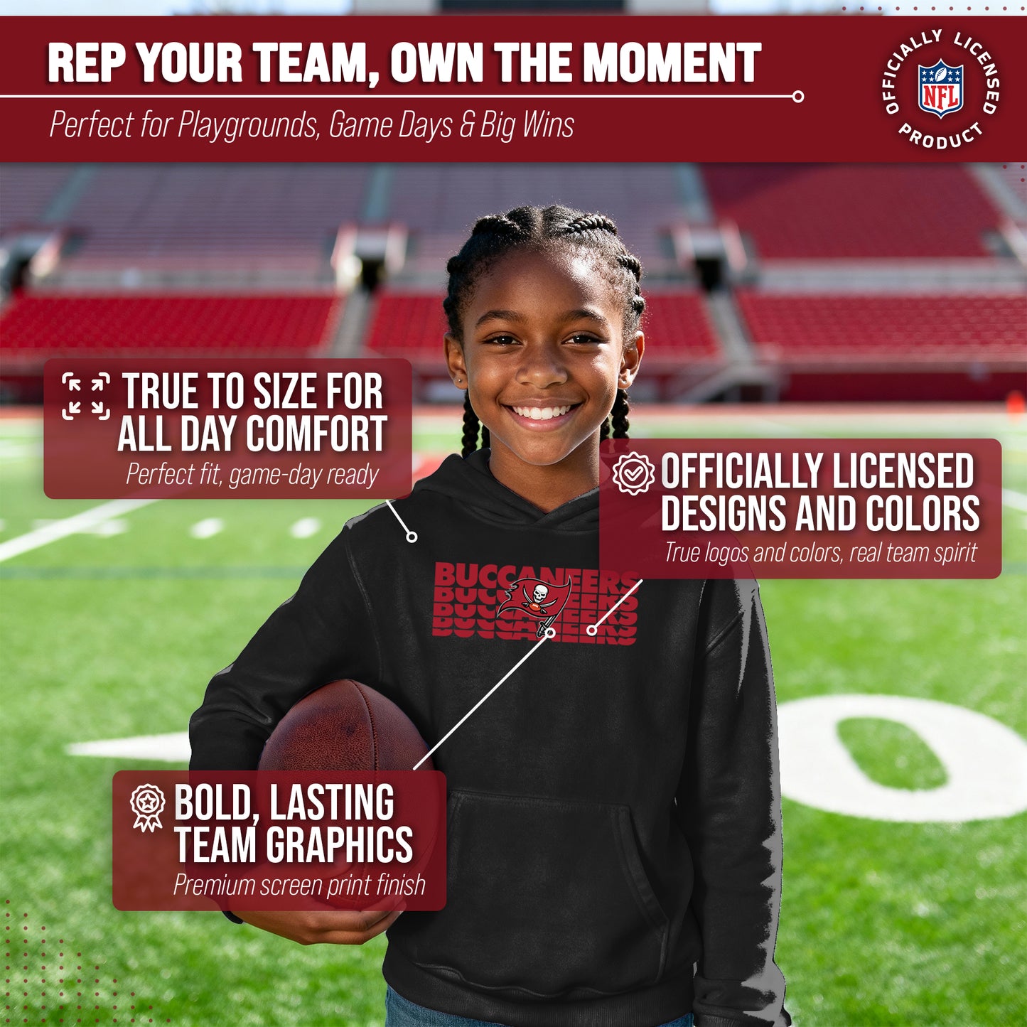 Tampa Bay Buccaneers NFL Youth Repeating Logo Football Fleece Hooded Sweatshirt - Black