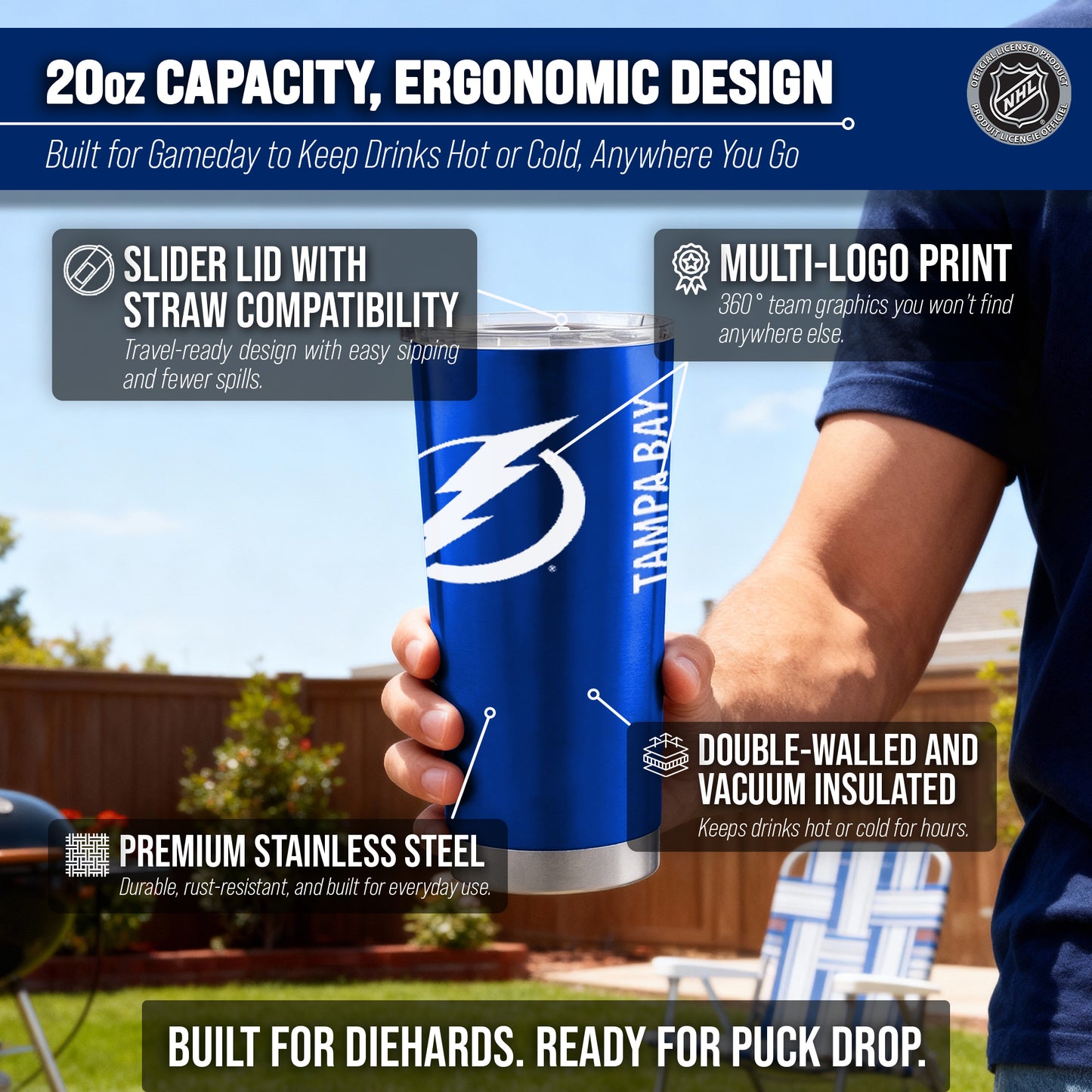 Tampa Bay Lightning NHL Hockey 20oz Stainless Steel Vacuum Insulated Game Day Tumbler with Silicone Grip - Royal