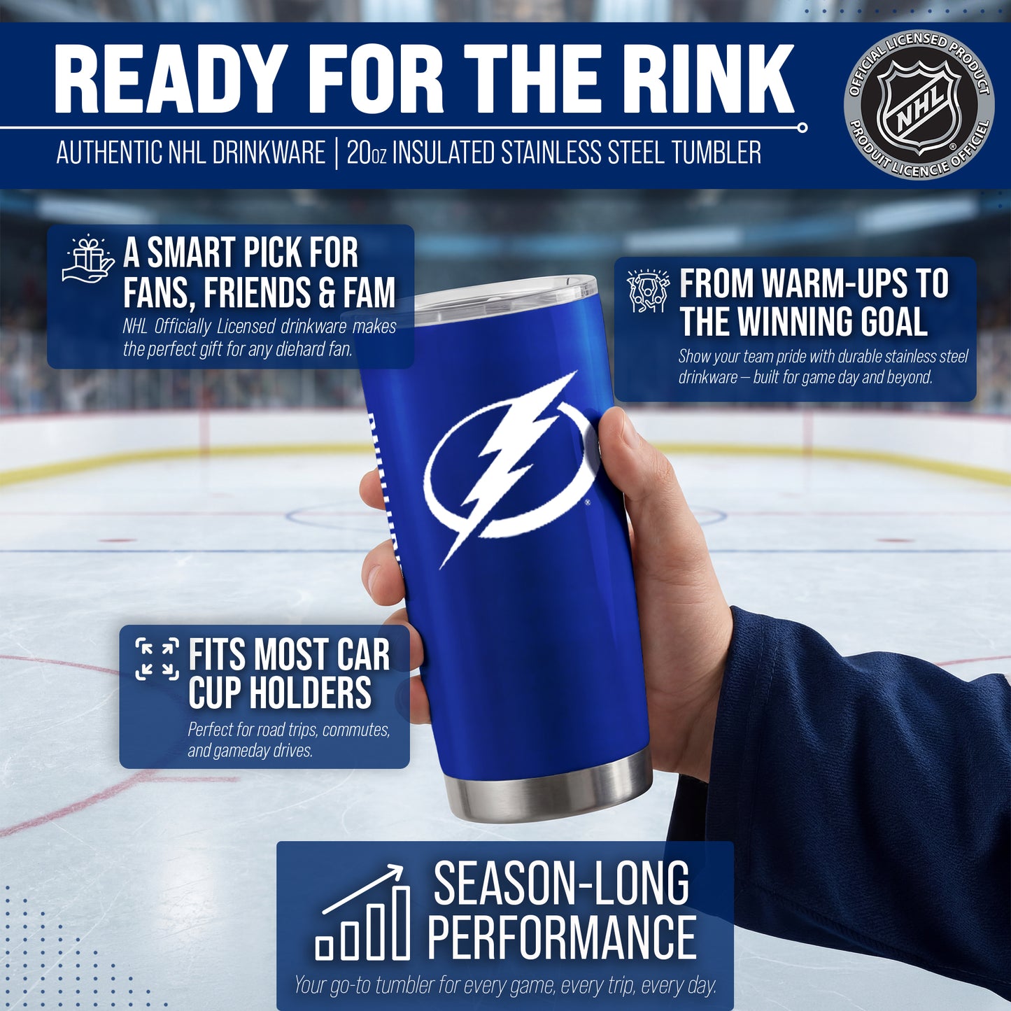 Tampa Bay Lightning NHL Hockey 20oz Stainless Steel Vacuum Insulated Game Day Tumbler with Silicone Grip - Royal