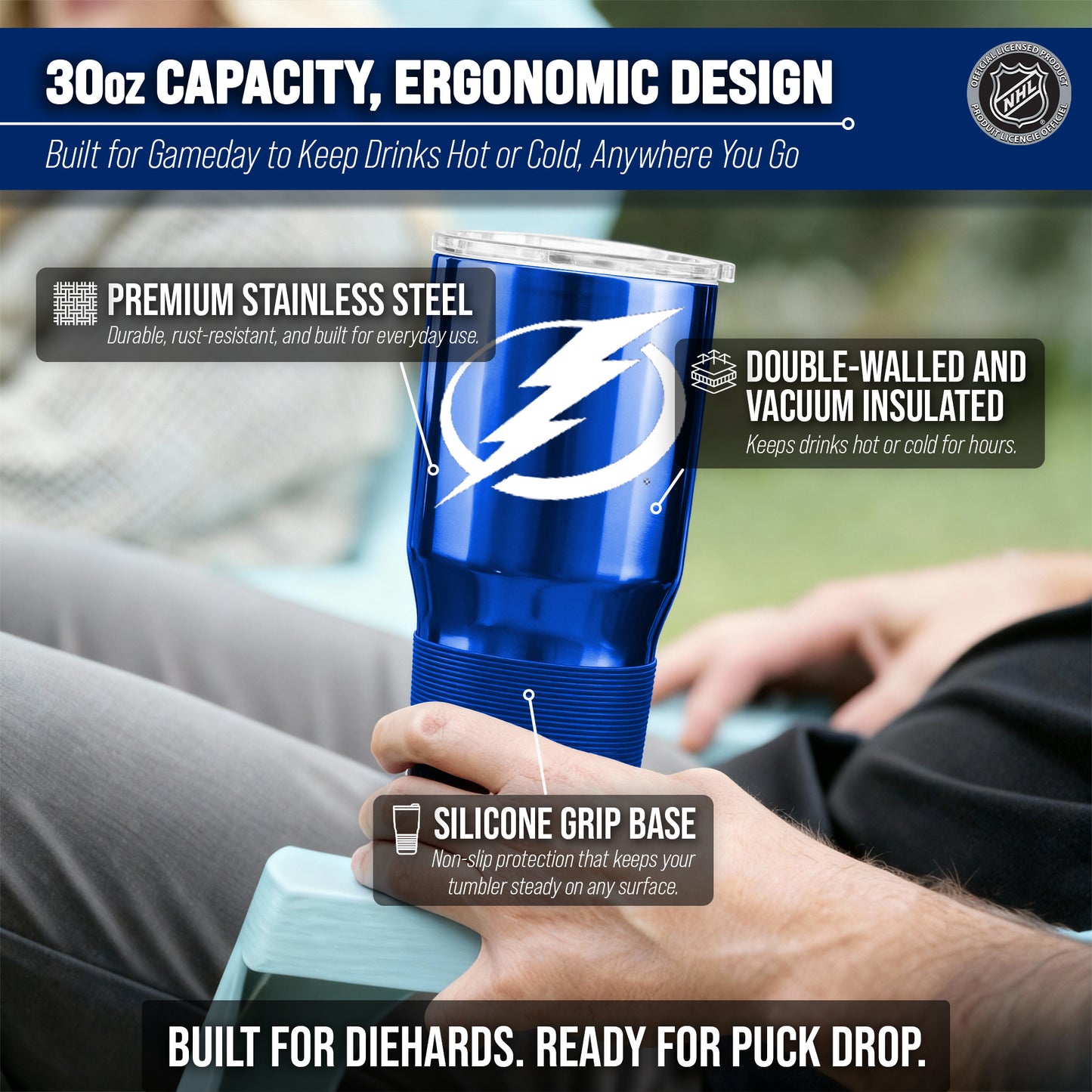 Tampa Bay Lightning NHL Hockey 30oz Stainless Steel Vacuum Insulated Game Day Tumbler with Silicone Grip - Royal