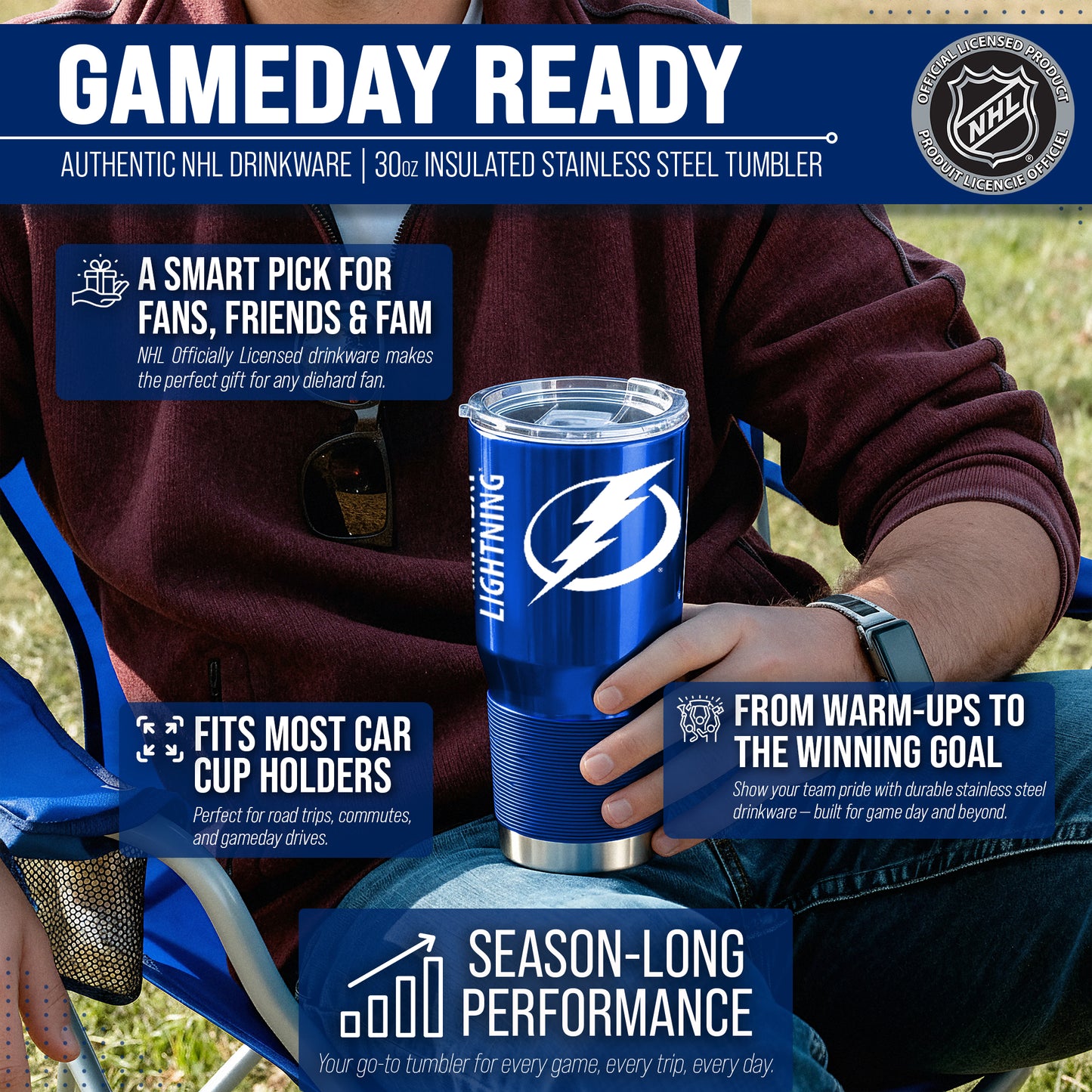 Tampa Bay Lightning NHL Hockey 30oz Stainless Steel Vacuum Insulated Game Day Tumbler with Silicone Grip - Royal
