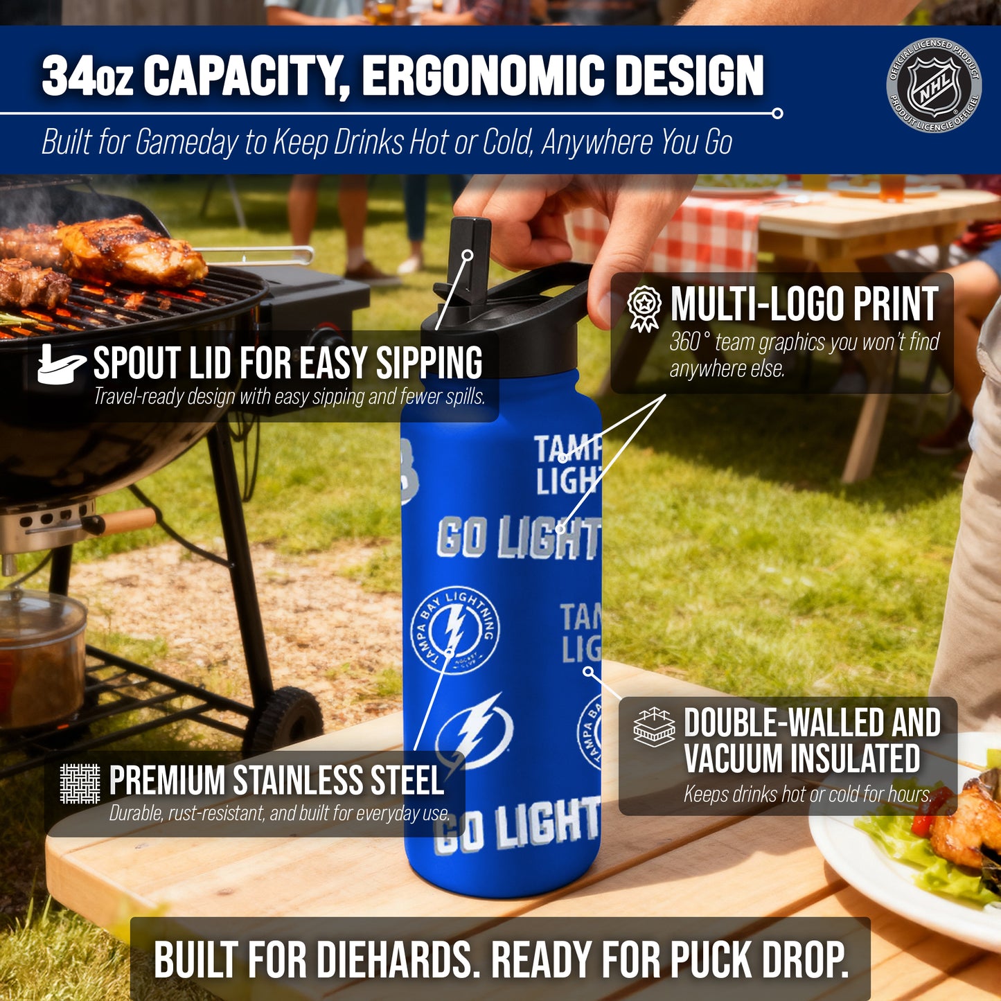 Tampa Bay Lightning NHL Hockey 34oz Stainless Steel Vacuum Insulated Game Day Water Bottle with Flip Straw Lid and Handle - Royal