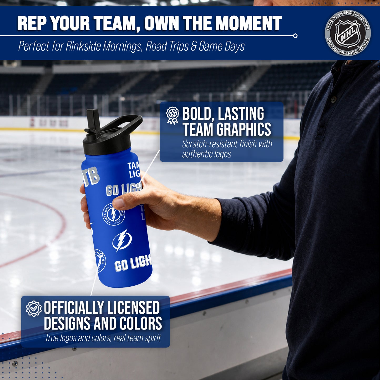 Tampa Bay Lightning NHL Hockey 34oz Stainless Steel Vacuum Insulated Game Day Water Bottle with Flip Straw Lid and Handle - Royal