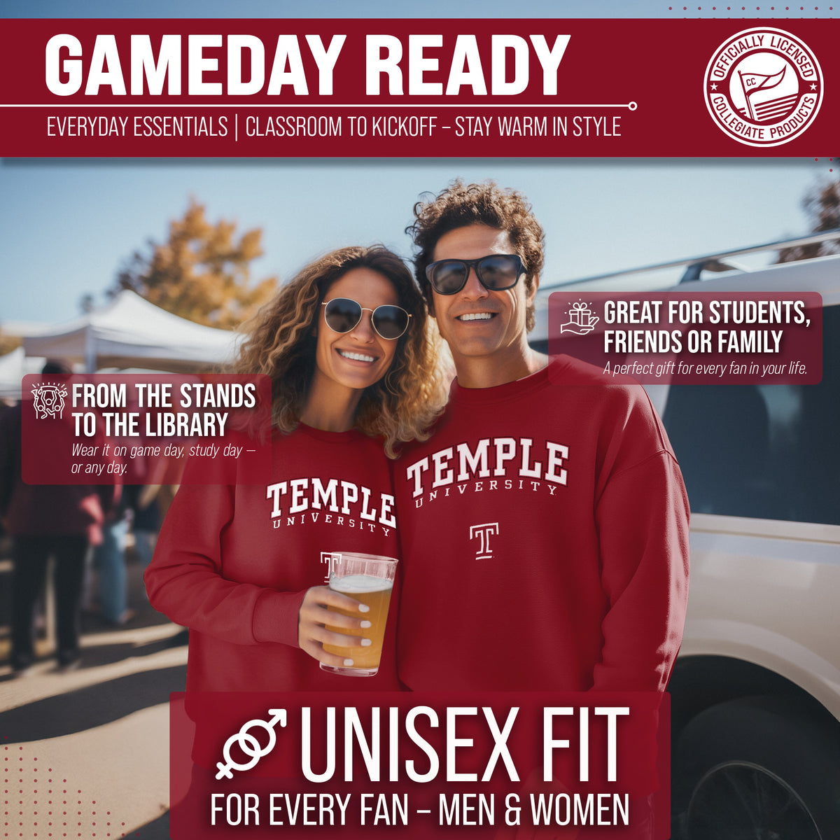 Temple Owls Adult Arch & Logo Soft Style Gameday Crewneck Sweatshirt - Maroon