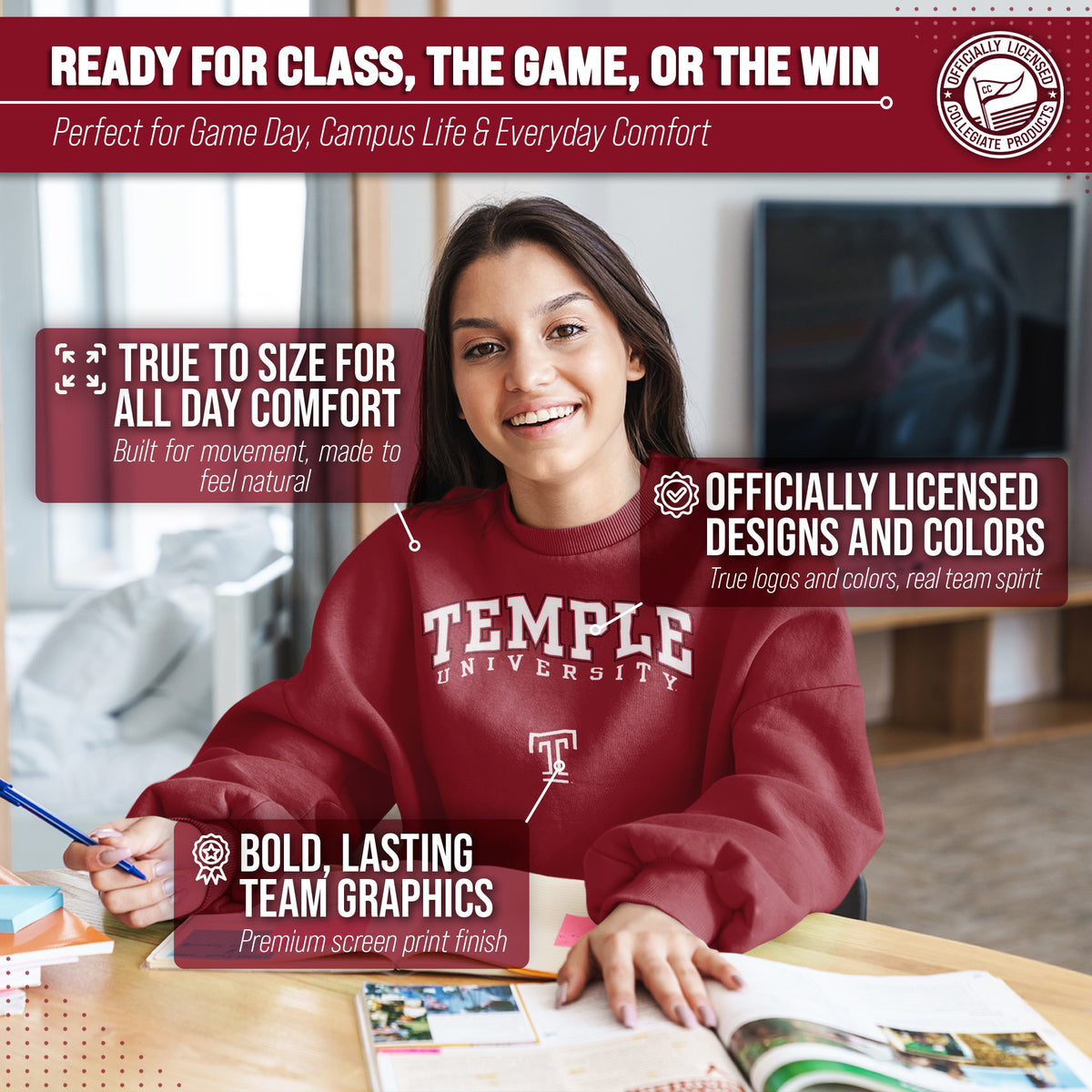 Temple Owls Adult Arch & Logo Soft Style Gameday Crewneck Sweatshirt - Maroon