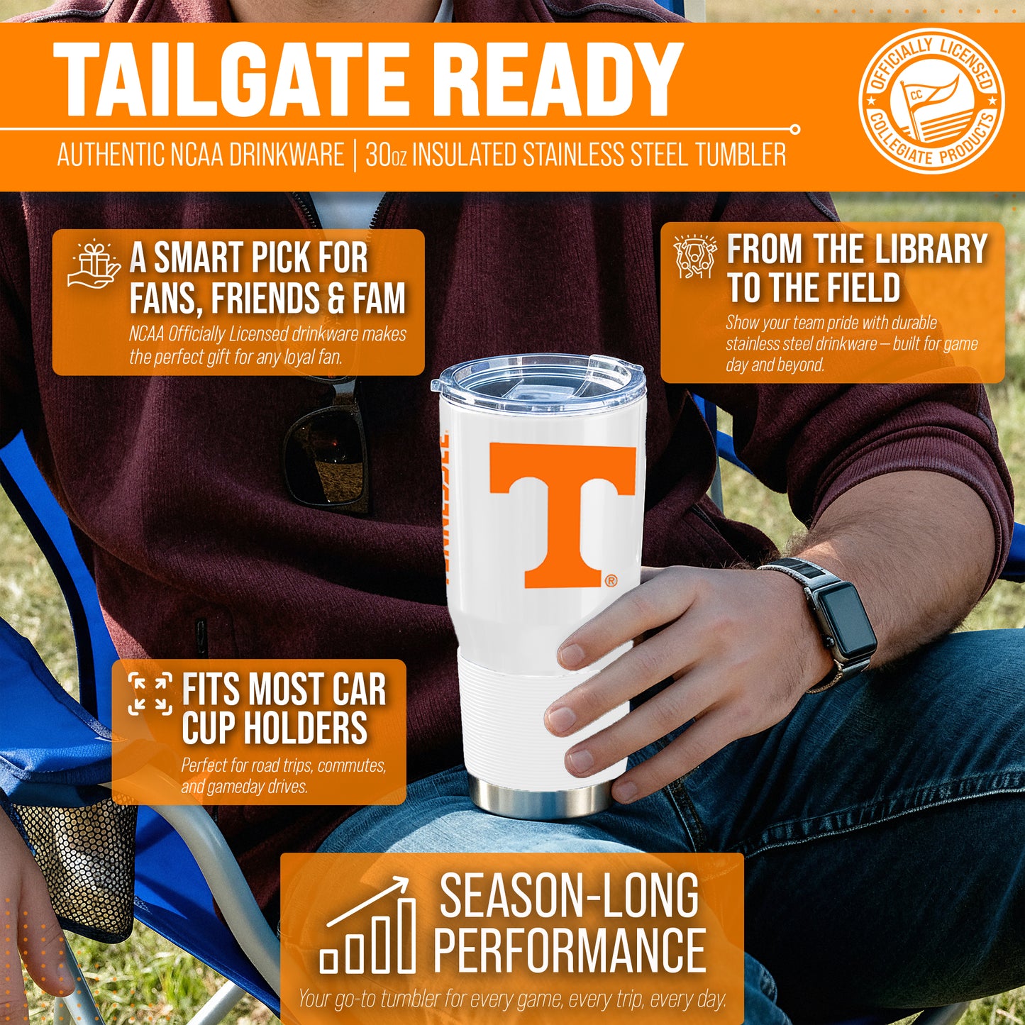 Tennessee Volunteers NCAA University 30oz Stainless Steel Vacuum Insulated Game Day Tumbler with Silicone Grip - White