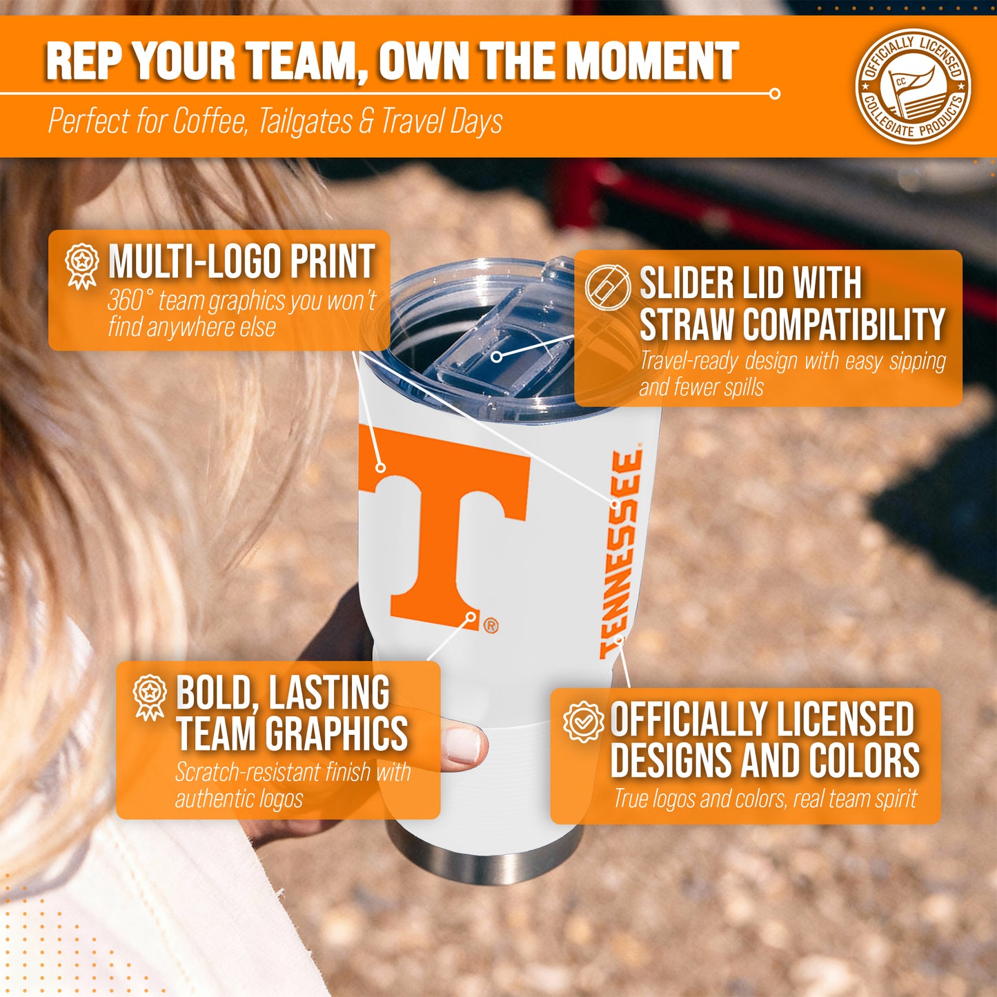 Tennessee Volunteers NCAA University 30oz Stainless Steel Vacuum Insulated Game Day Tumbler with Silicone Grip - White