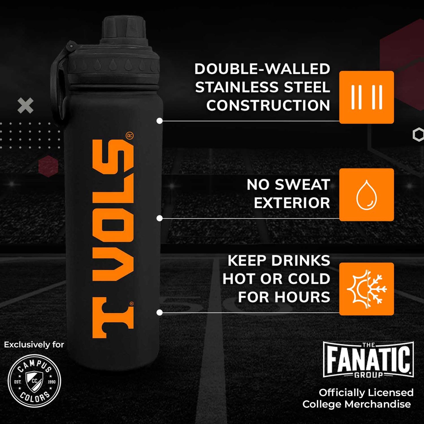 Tennessee Volunteers NCAA Stainless Steel Water Bottle - Black