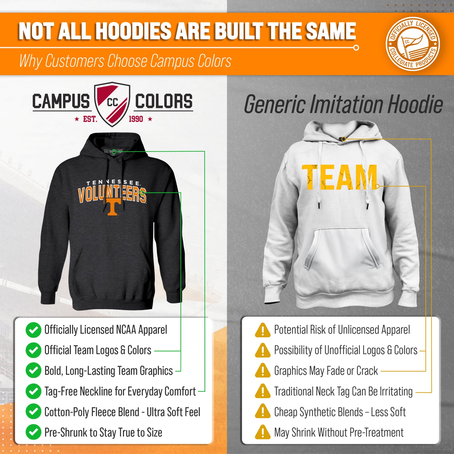 Tennessee Volunteers NCAA Adult Unisex Starting Fresh Heathered Hooded Fleece Sweatshirt - Black Heather