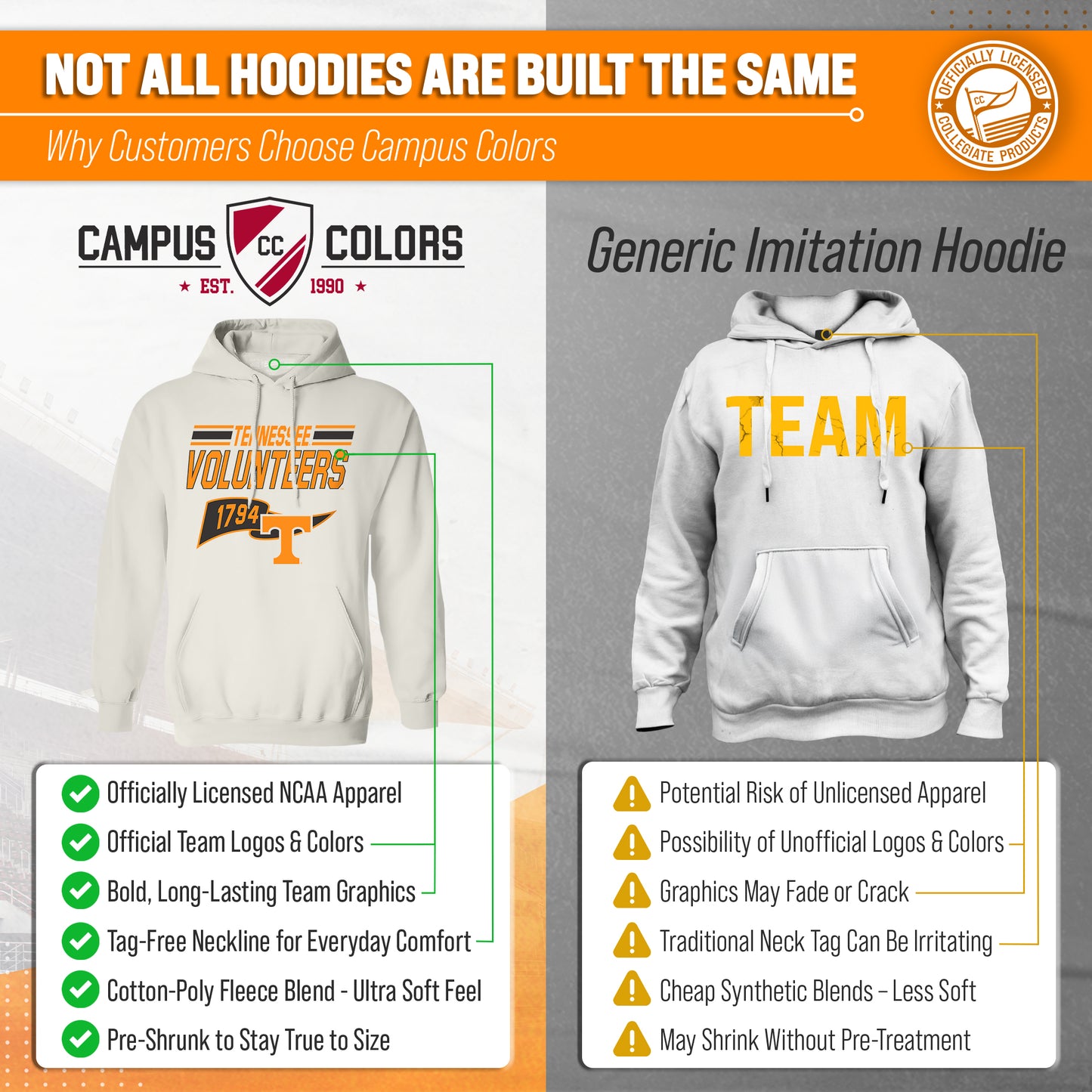 Tennessee Volunteers NCAA Adult Unisex Varsity Club Pennant Hooded Fleece Sweatshirt - Off White