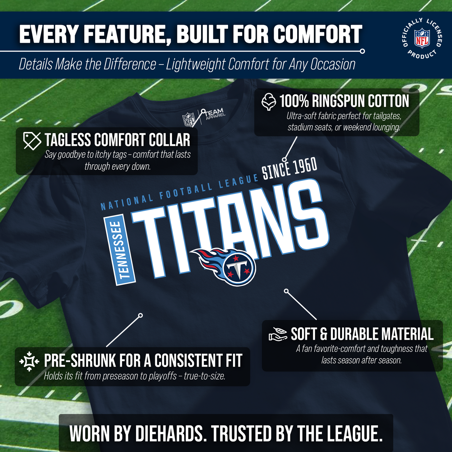 Tennessee Titans NFL Adult Modern Endzone Tag-Less T-Shirt - Navy