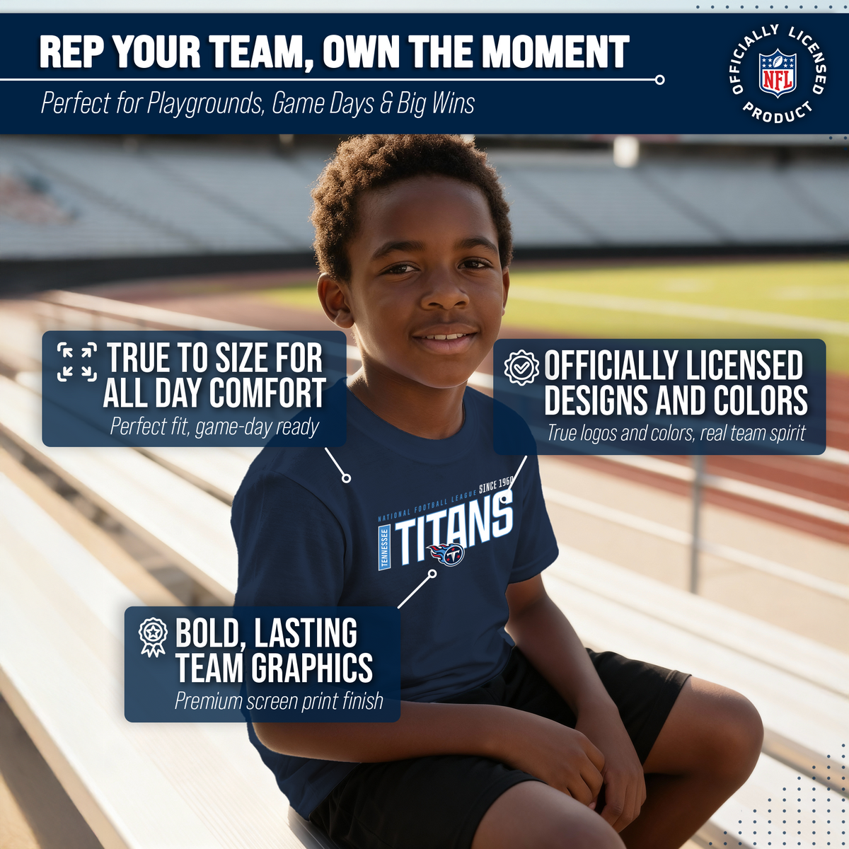 Tennessee Titans NFL Youth Modern Endzone T-Shirt Unisex Boys Girls - Navy
