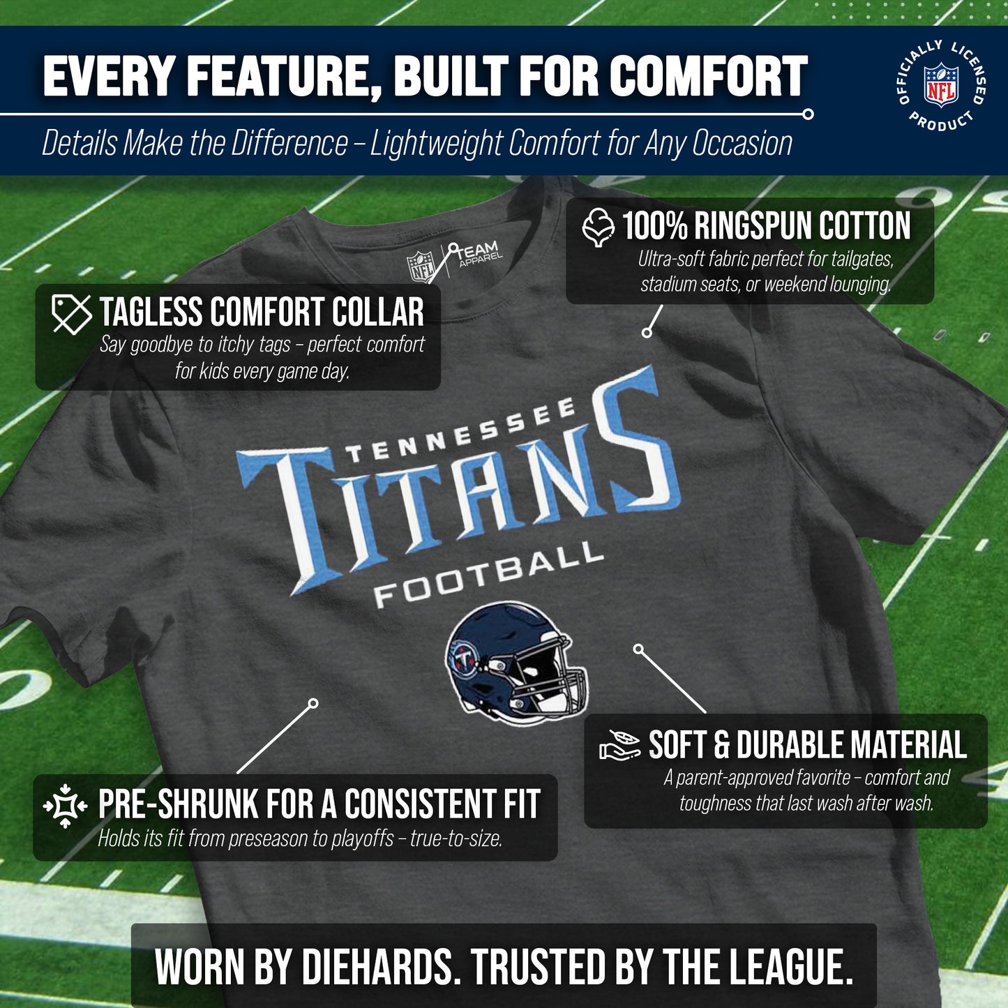 Tennessee Titans NFL Youth Football Helmet Tagless T-Shirt - Charcoal