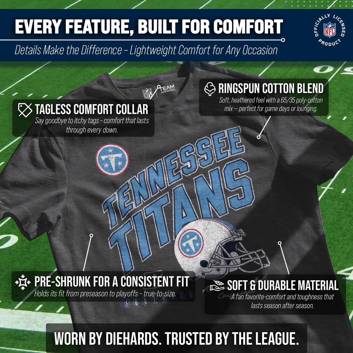 Tennessee Titans NFL Adult Distressed Helmet Tag-Less T-Shirt - Heather Charcoal