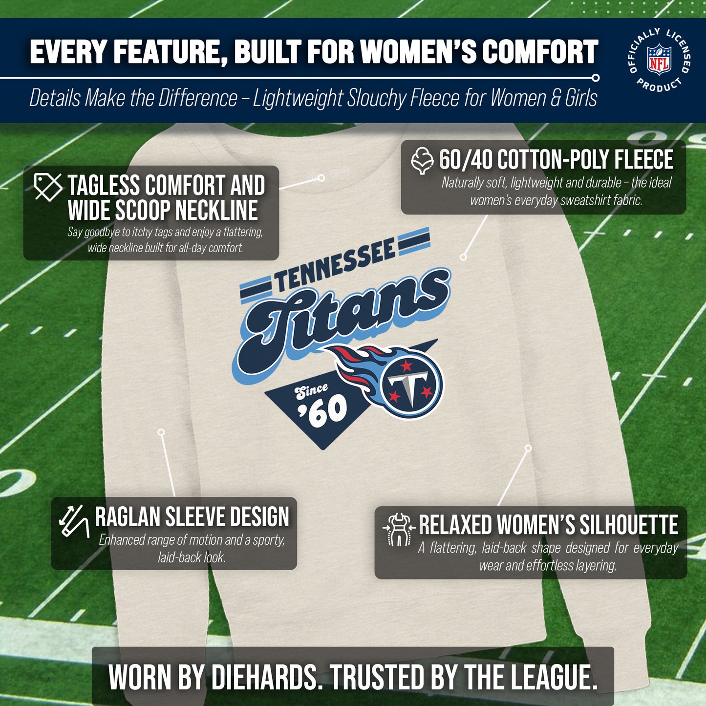 Tennessee Titans NFL Womens Vintage Charm French Terry Slouchy Top - Birch