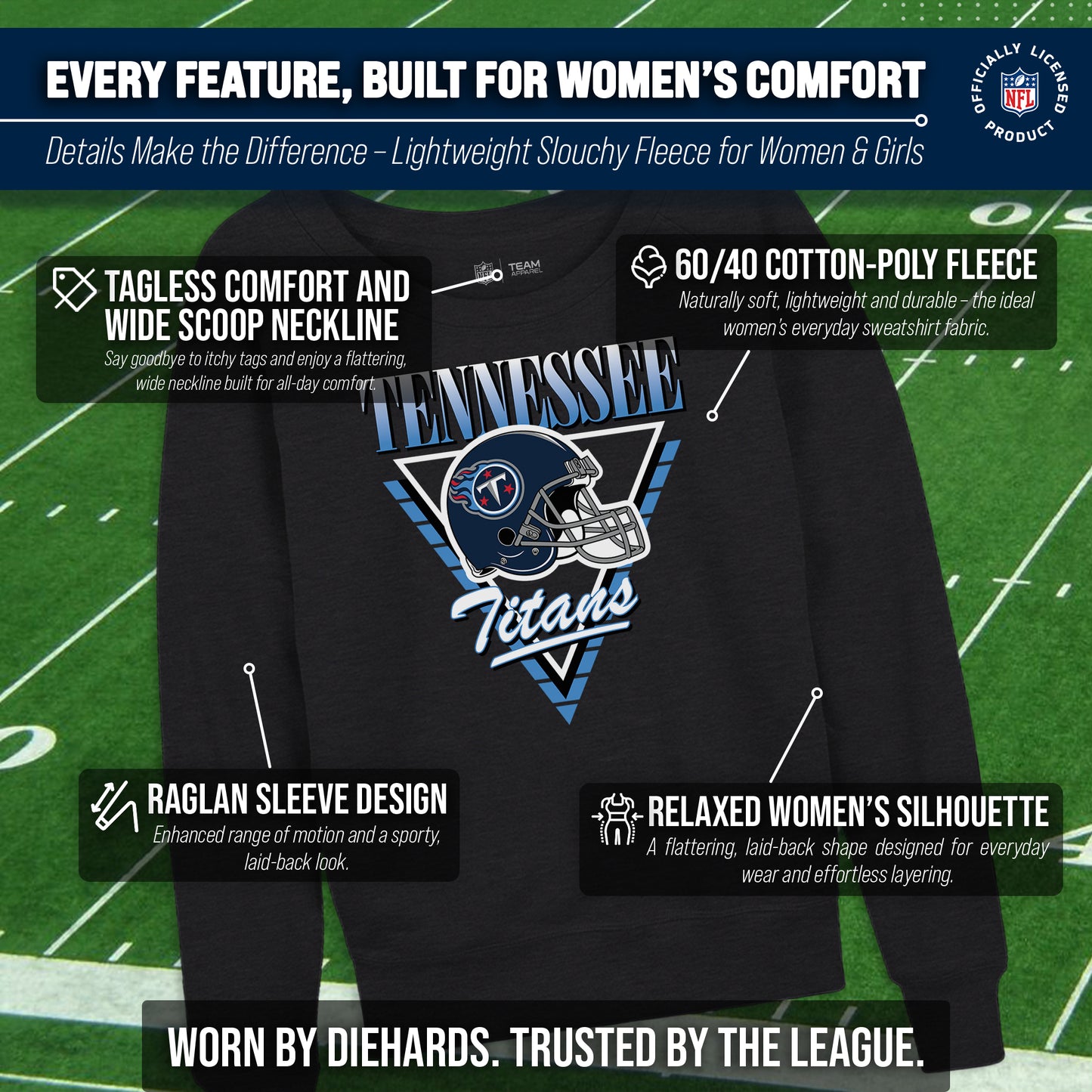 Tennessee Titans NFL Womens Retro Triangle French Terry Slouchy Top- Raglan Sleeves - Heather Charcoal