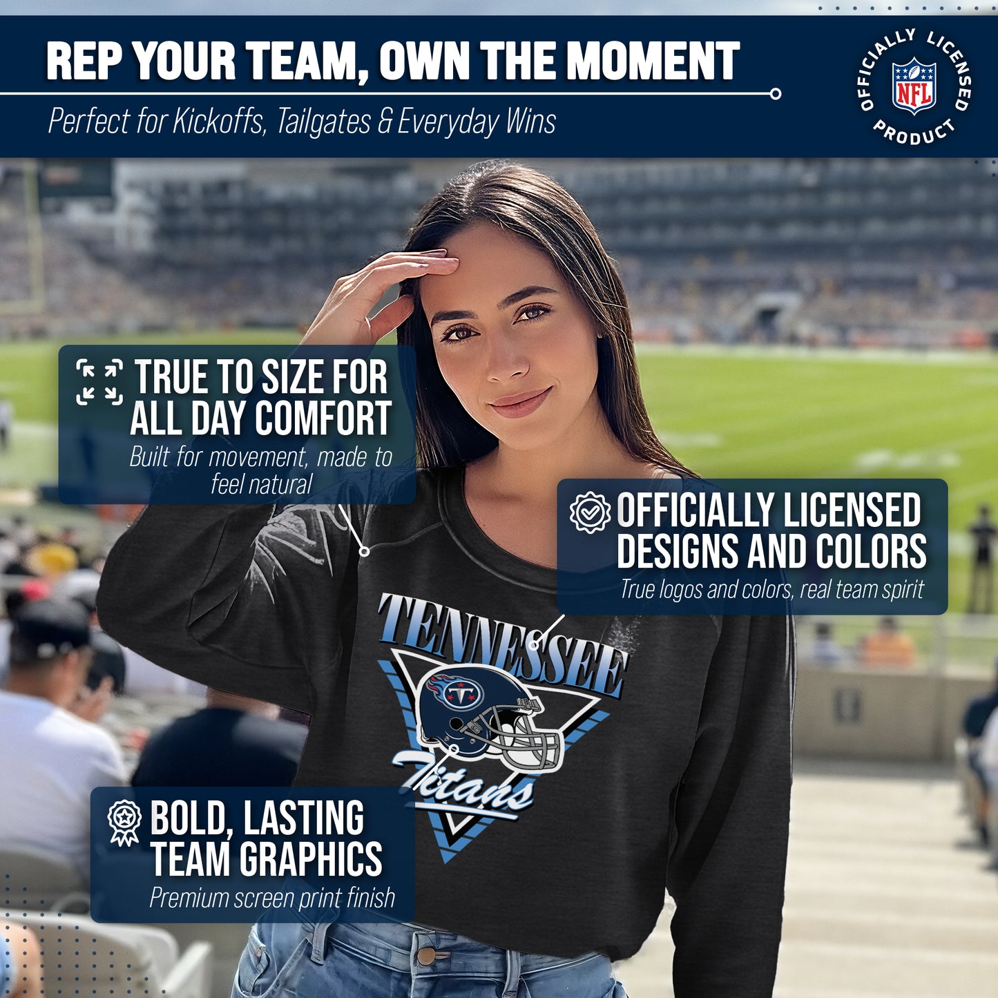 Tennessee Titans NFL Womens Retro Triangle French Terry Slouchy Top- Raglan Sleeves - Heather Charcoal