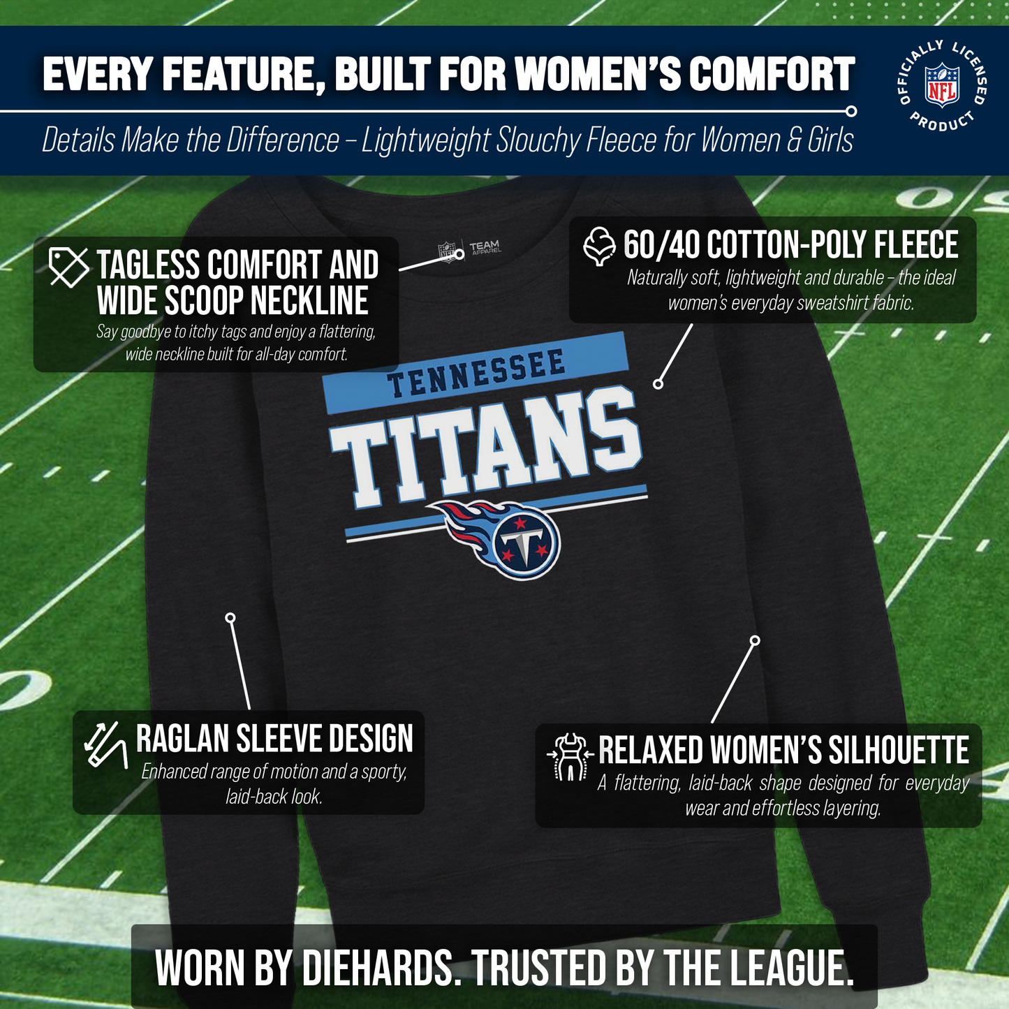 Tennessee Titans NFL Womens Team Block French Terry Slouchy Top - Charcoal