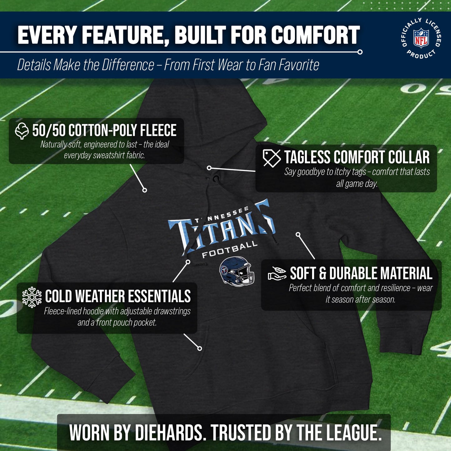 Tennessee Titans Adult NFL Football Helmet Heather Hooded Sweatshirt  - Charcoal