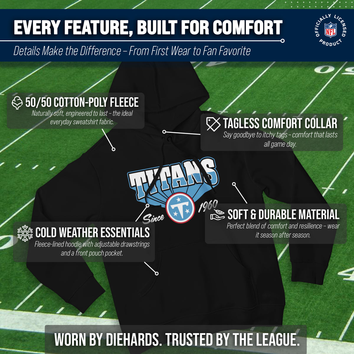 Tennessee Titans NFL Adult Unisex Vintage Block Ultra Soft Fleece Hooded Sweatshirt - Black