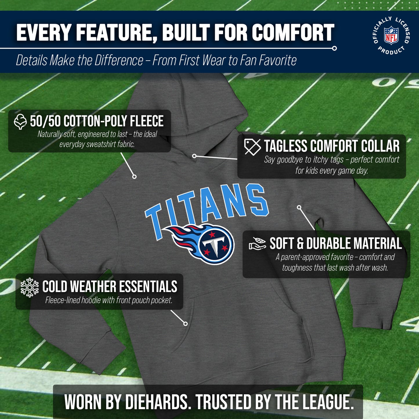 Tennessee Titans NFL Youth Home Team Hoodie- Kids Hooded Sweatshirt - Sport Gray