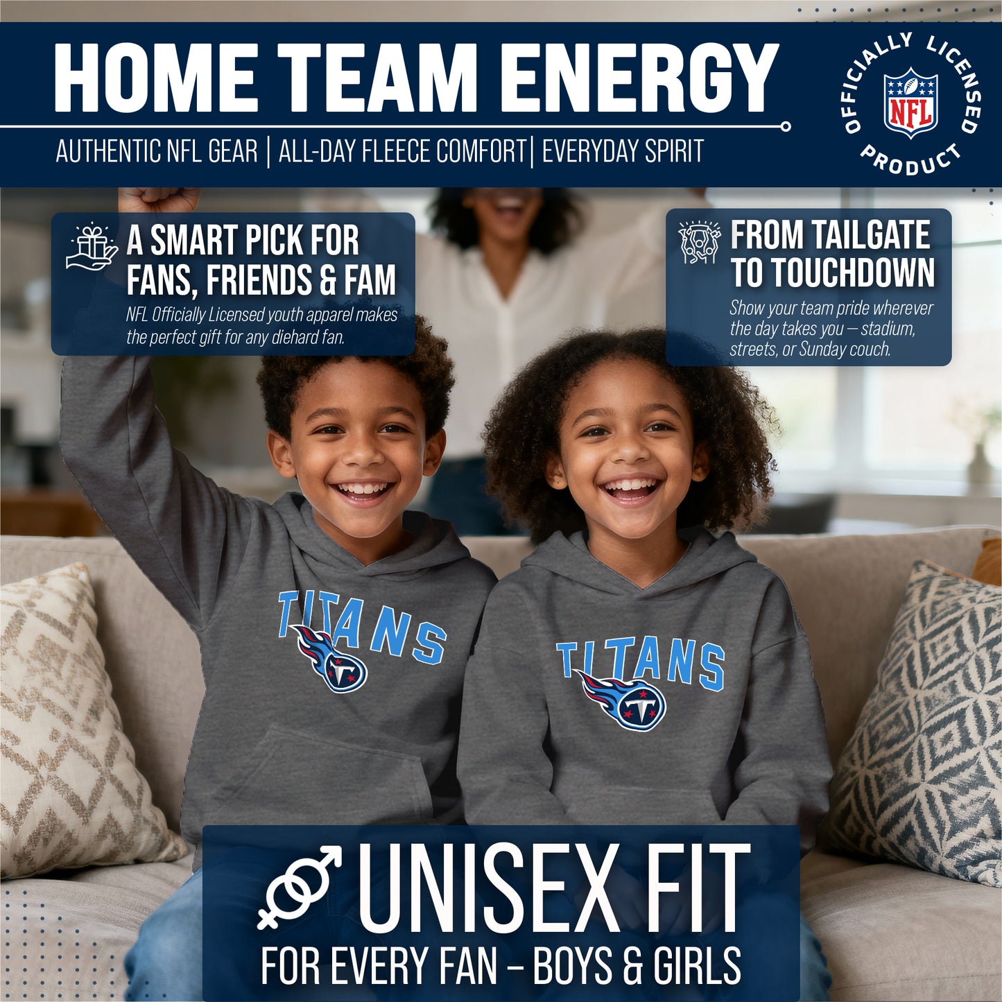 Tennessee Titans NFL Youth Home Team Hoodie- Kids Hooded Sweatshirt - Sport Gray