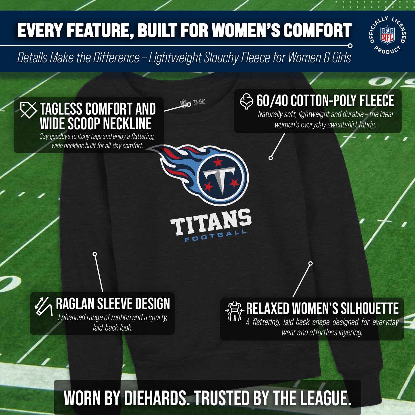 Tennessee Titans NFL Womens Ultimate Fan French Terry Slouchy Top- Raglan Sleeves - Charcoal