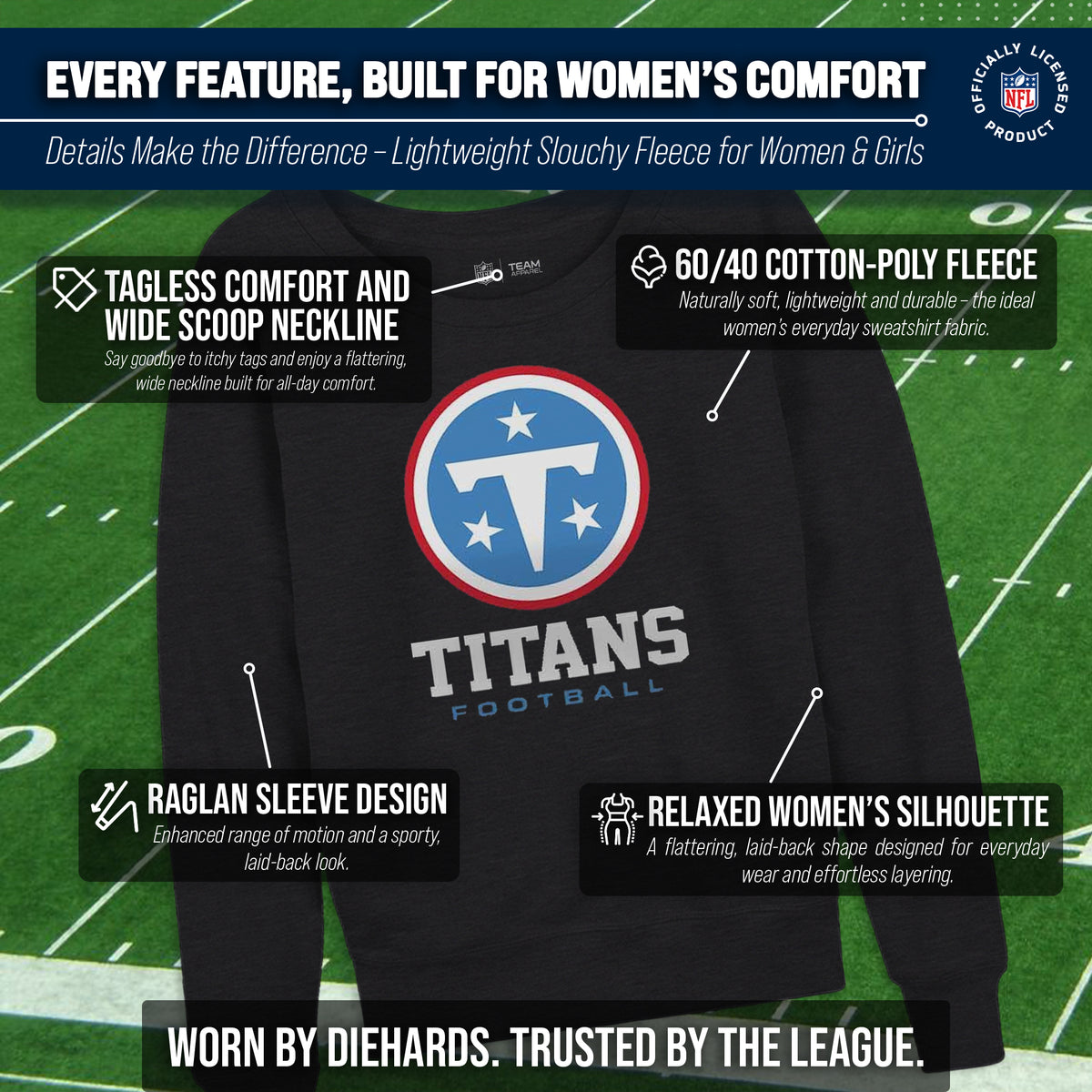 Tennessee Titans NFL Womens Ultimate Fan French Terry Slouchy Top- Raglan Sleeves - Charcoal