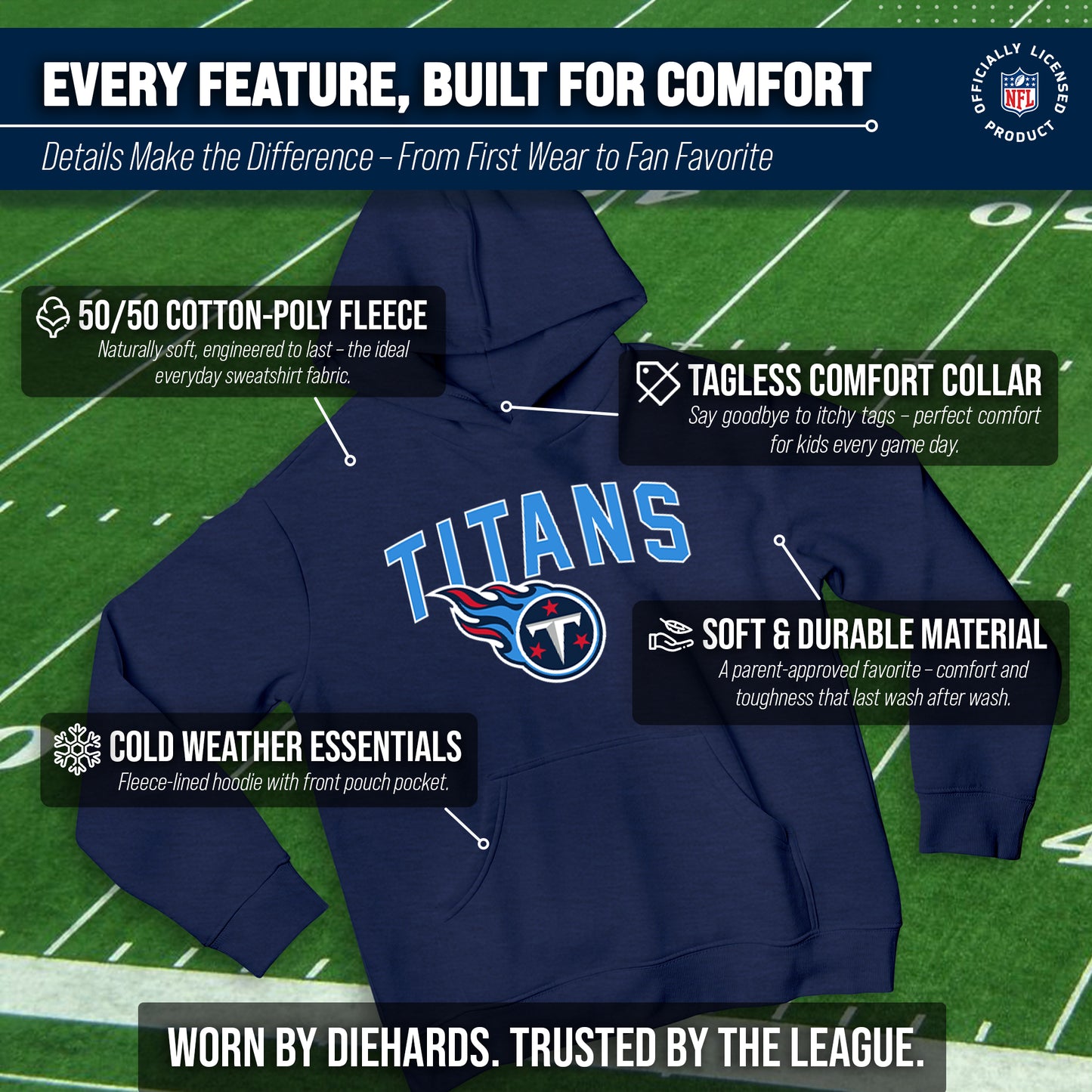 Tennessee Titans NFL Youth Home Team Hoodie- Kids Hooded Sweatshirt - Navy