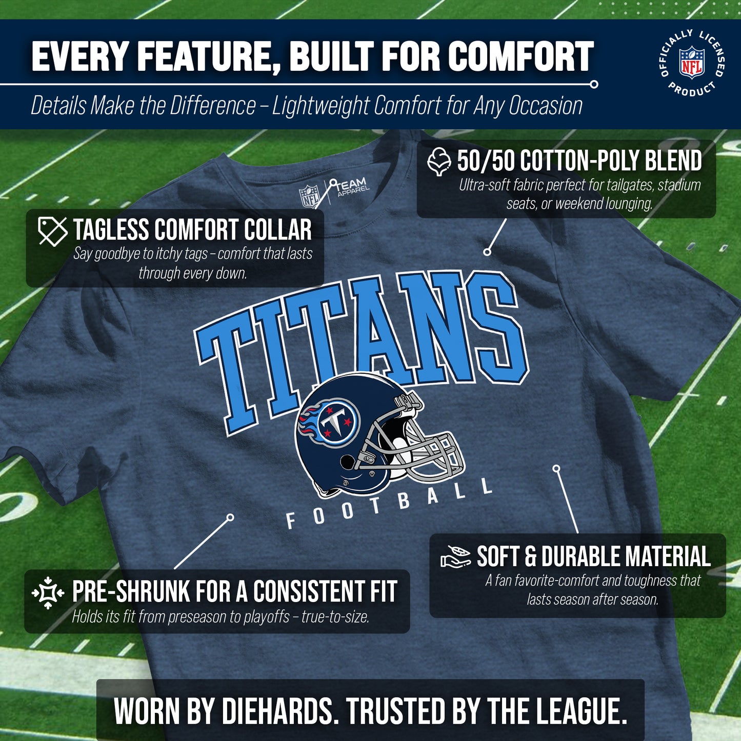 Tennessee Titans NFL Adult All Star Heather Tag-Less T-Shirt - Navy Heather