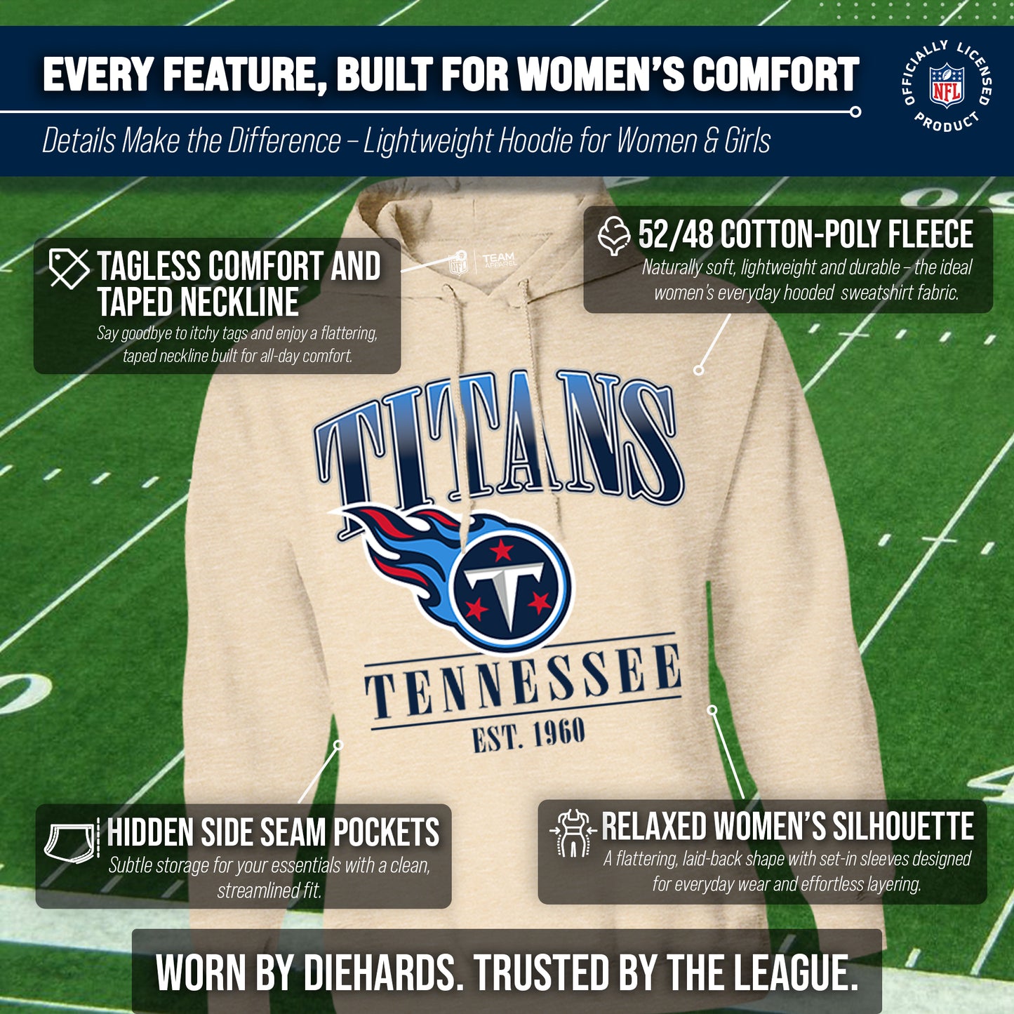 Tennessee Titans Team Fan Apparel NFL Women's  Starstruck Fleece Pullover Hoodie - Cream