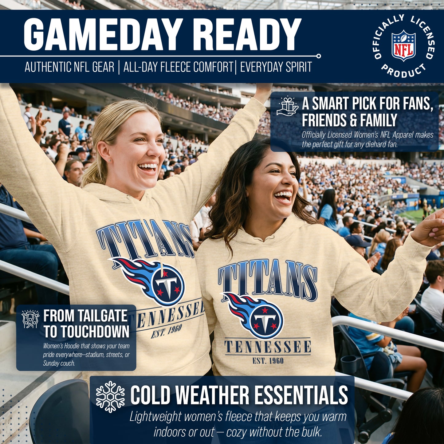 Tennessee Titans Team Fan Apparel NFL Women's  Starstruck Fleece Pullover Hoodie - Cream