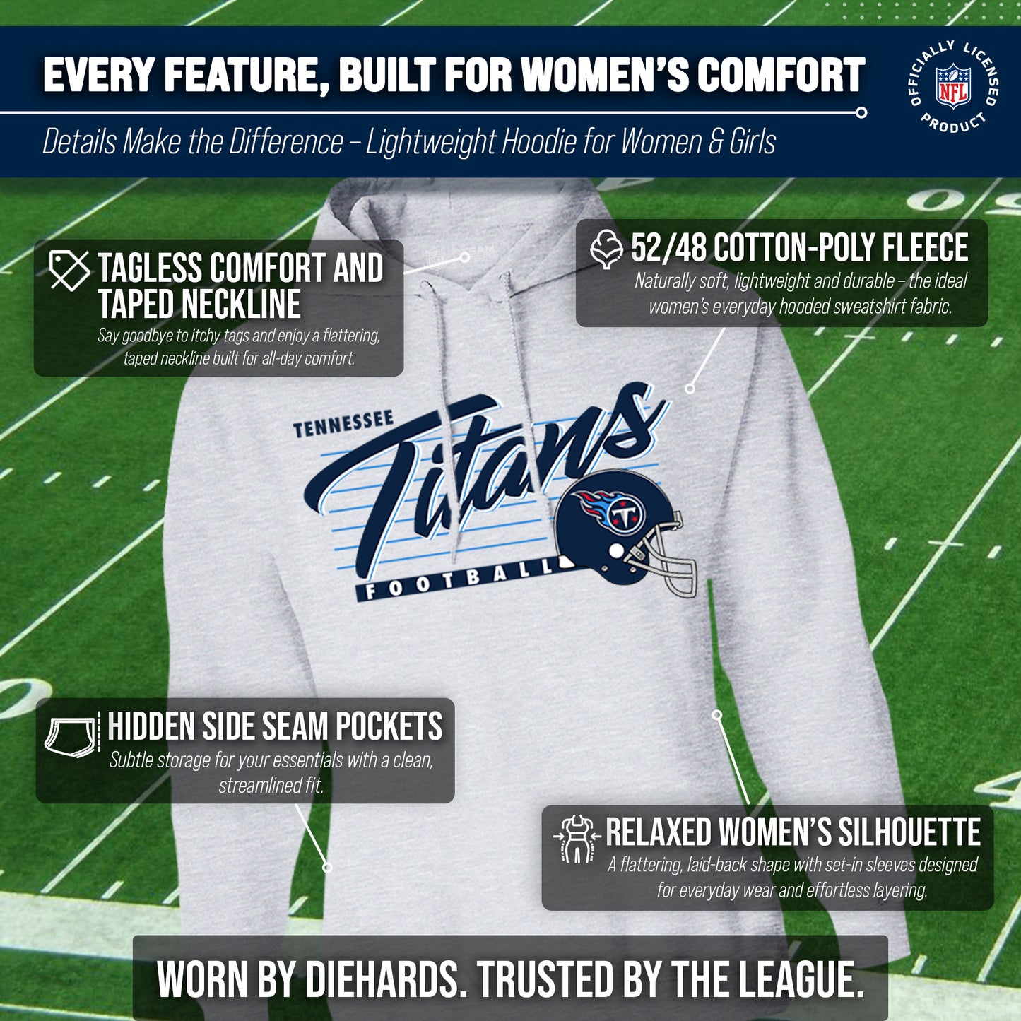 Tennessee Titans Ladies NFL Scrimmage Line Fleece Pullover Hooded Sweatshirt - Gray Heather