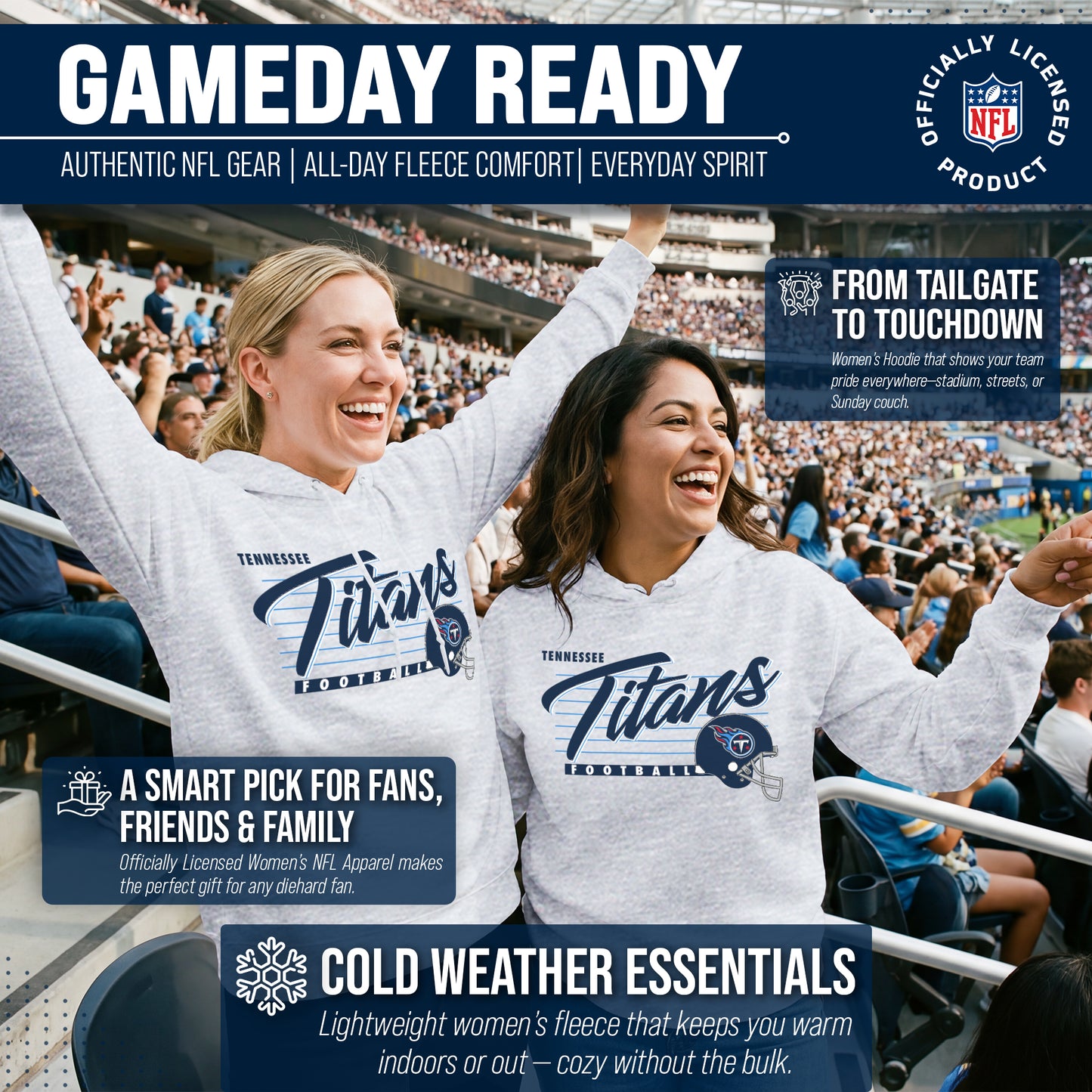 Tennessee Titans Ladies NFL Scrimmage Line Fleece Pullover Hooded Sweatshirt - Gray Heather