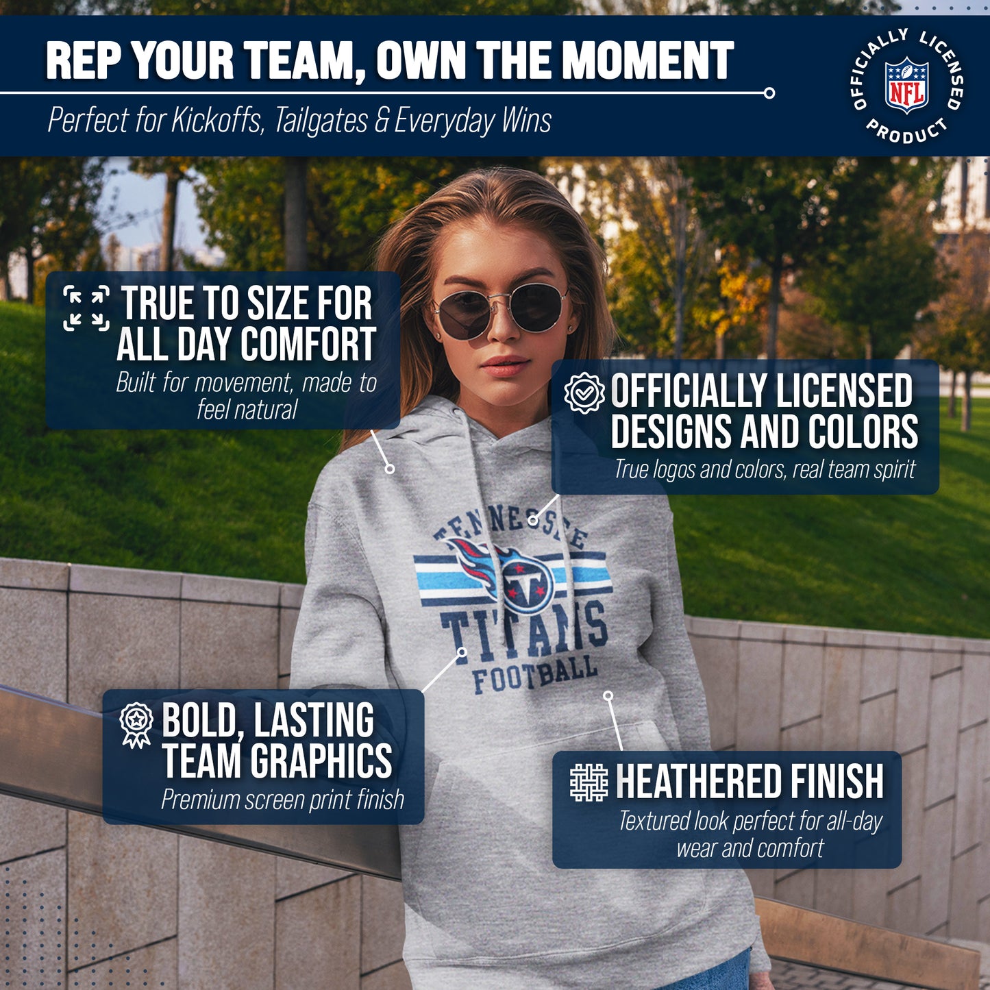 Tennessee Titans NFL Team Stripe Hooded Sweatshirt- Soft Pullover Sports Hoodie For Men & Women - Sport Gray